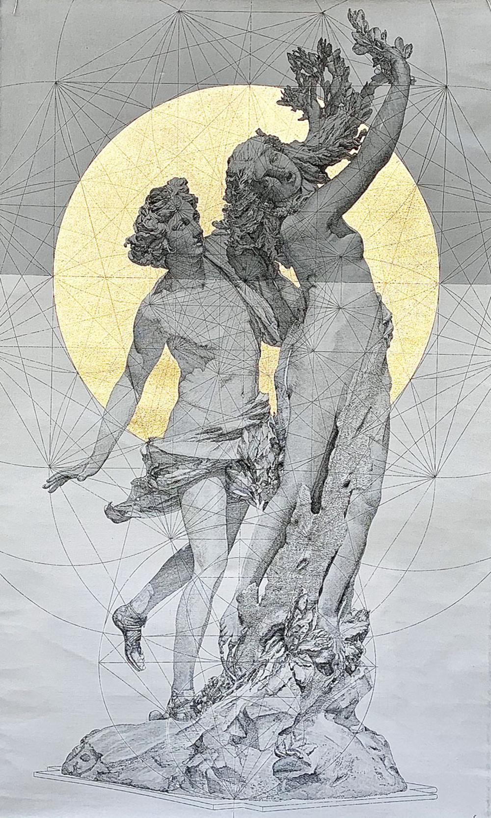 Marco Araldi Portrait Painting - Apollo & Daphne - Greek Mythology: Gilding, Ink and Acrylic on Canvas 