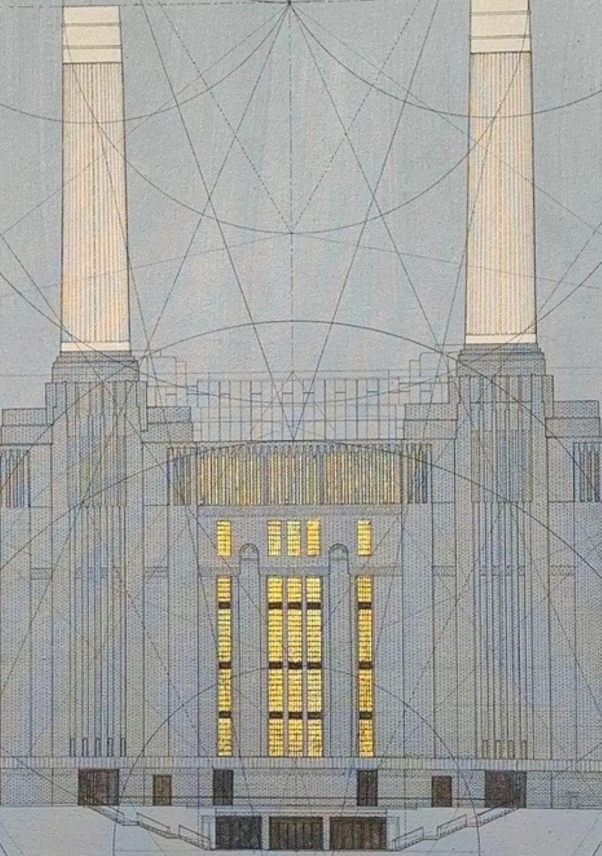 Station électrique de Battersea - géométrique, mathématique, guerres d'étoiles, bâtiments - Painting de Marco Araldi