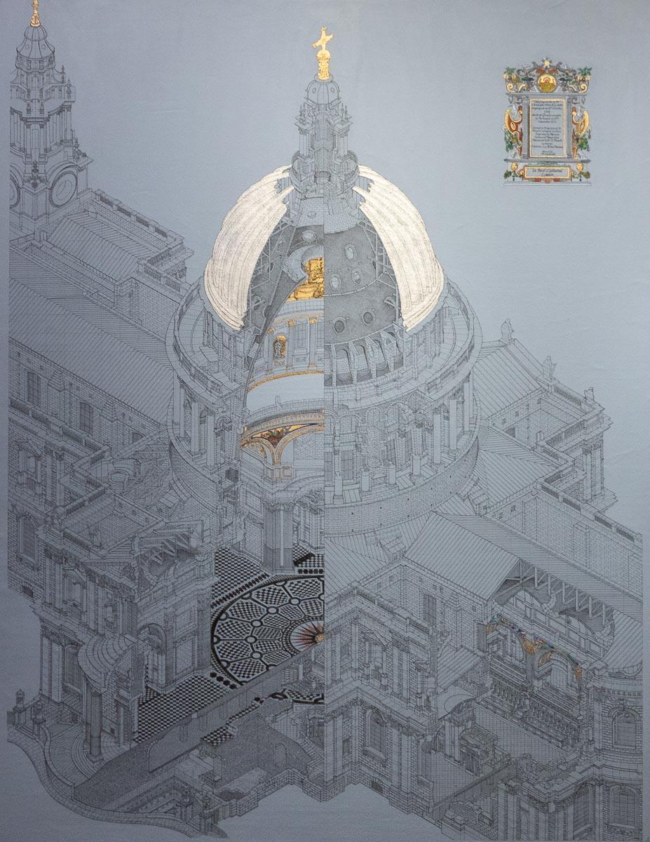 Marco Araldi Landscape Painting - Isometric Cathedral - geometrical, mathematical, cathedral, st Pauls, London 