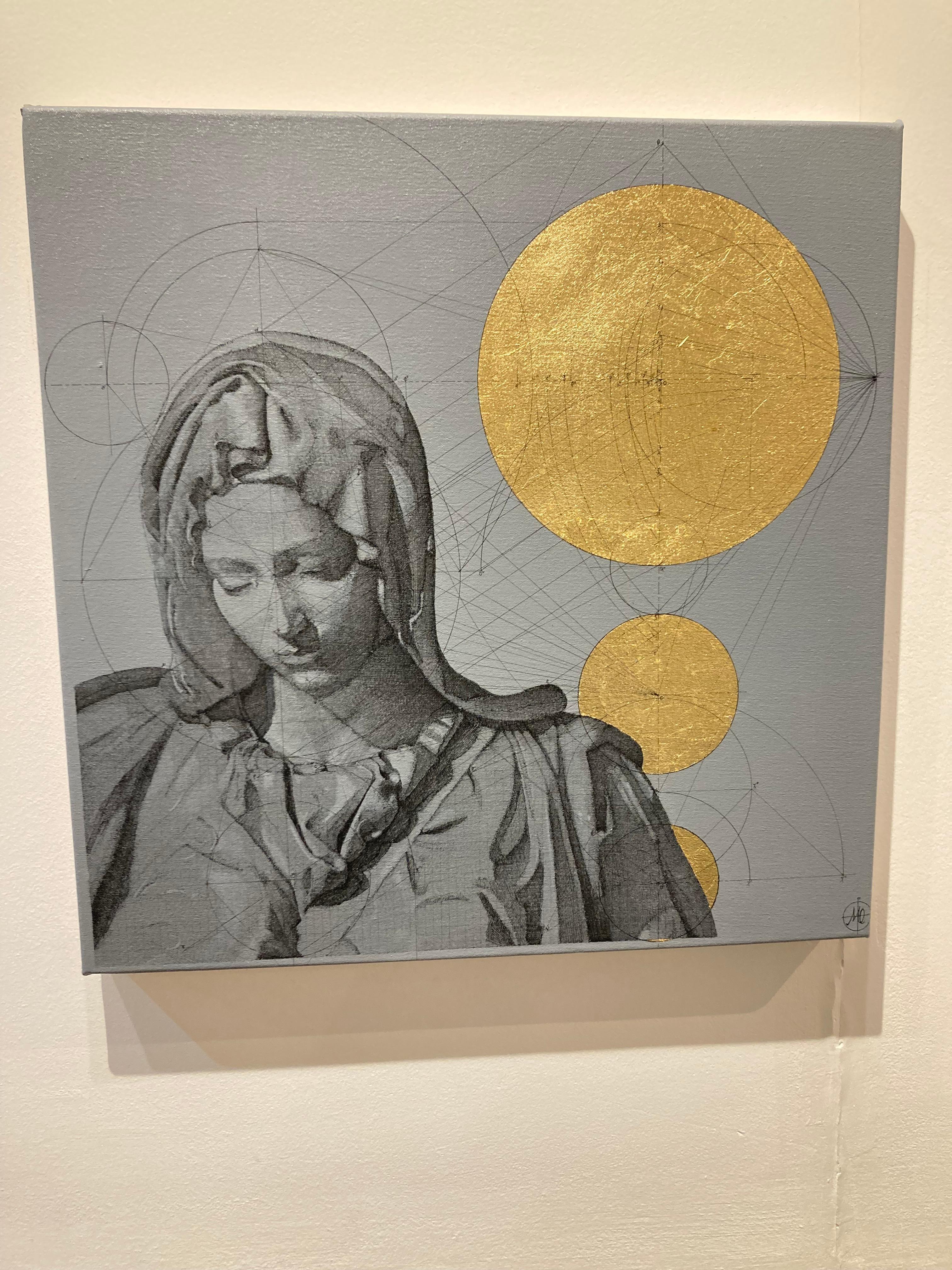 Pieta - contemporary mixed media painting biblical portrait geometric golden - Painting by Marco Araldi