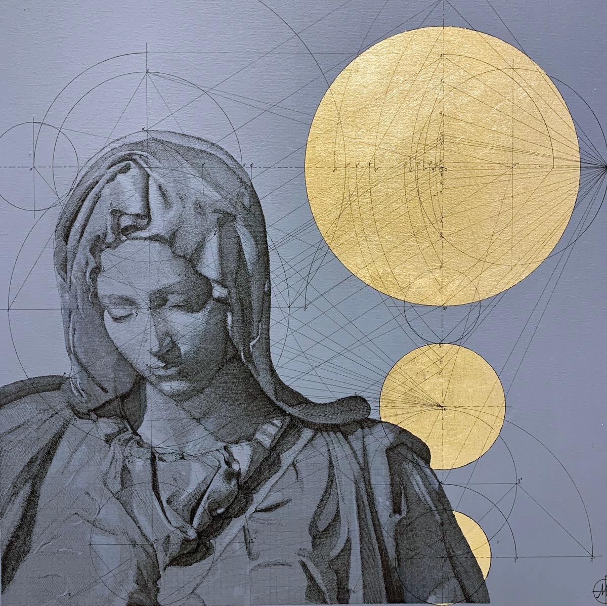 Marco Araldi Portrait Painting - Pieta - contemporary mixed media painting biblical portrait geometric golden