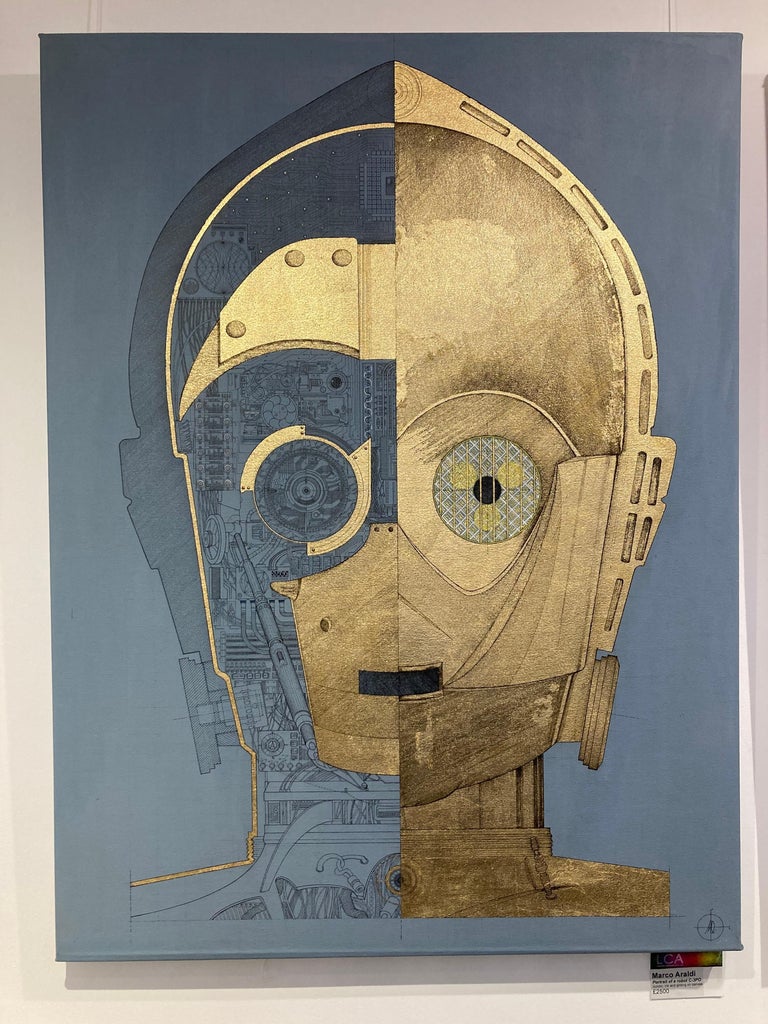 Portrait of a robot C-3PO - contemporary sci-fi Star Wars mixed media painting - Painting by Marco Araldi