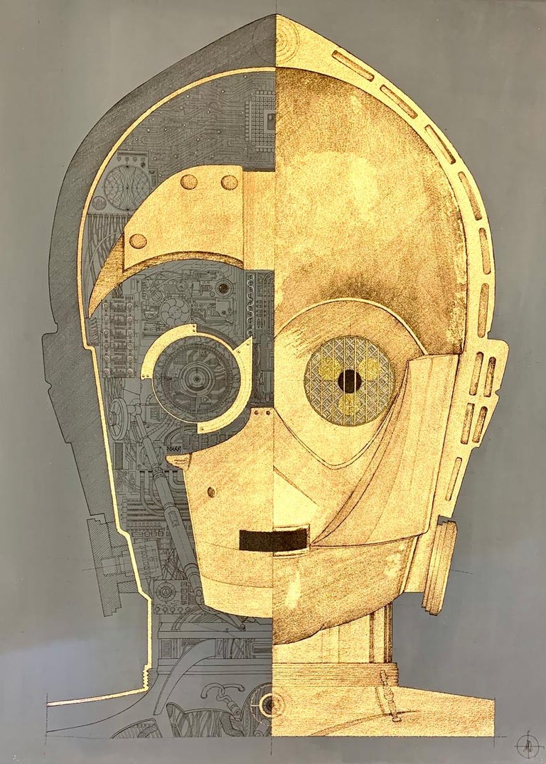 Marco Araldi Portrait Painting - Portrait of a robot C-3PO - contemporary sci-fi Star Wars mixed media painting