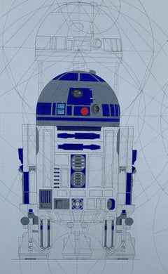 R2 Heart - Star Wars, Canvas painting, geometric, line drawing, gold ink,