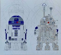 R2 Heart - Star Wars, Canvas painting, geometric, line drawing, gold ink, 
