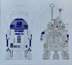 R2 Heart - Guerres d'étoiles, peinture sur toile, dessin géométrique, dessin au trait, encre dorée 