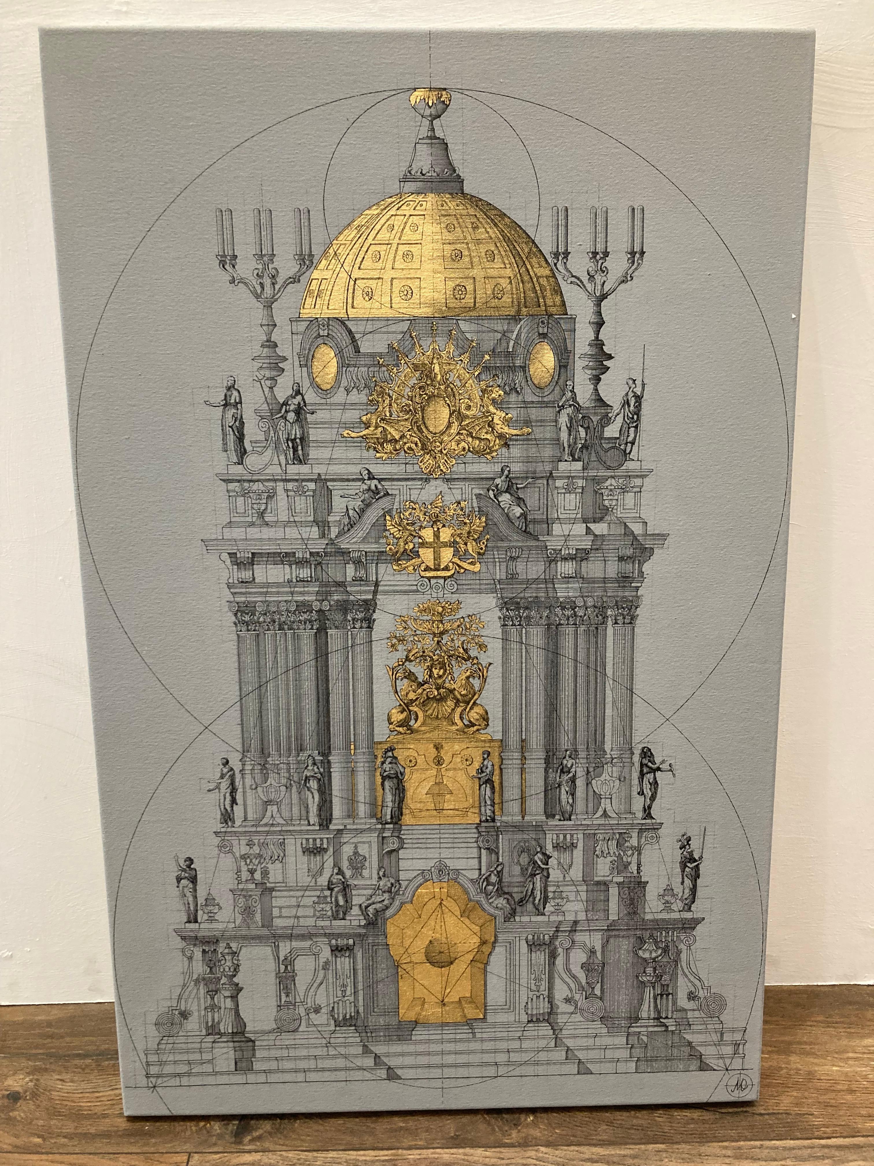 Temple of Hypatia - architecture geometry history mixed media drawing canvas - Painting by Marco Araldi