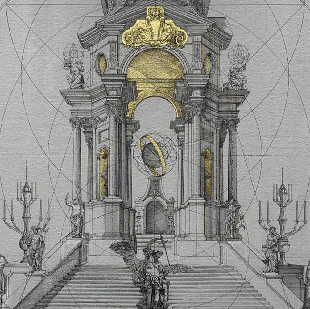 Temple of Ptolemy - Drawing architectural : Acrylique et encre dorée sur toile - Painting de Marco Araldi