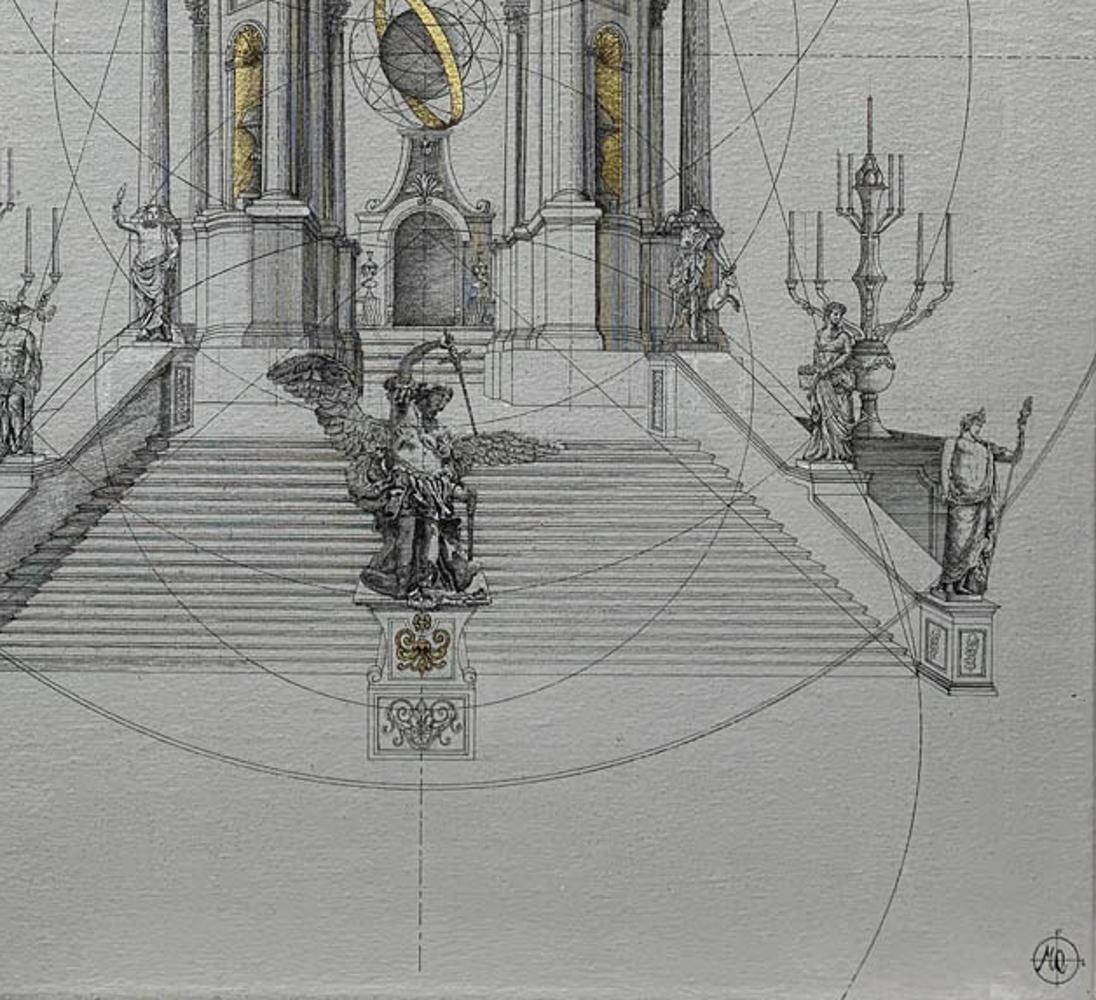 Temple of Ptolemy - Drawing architectural : Acrylique et encre dorée sur toile - Contemporain Painting par Marco Araldi