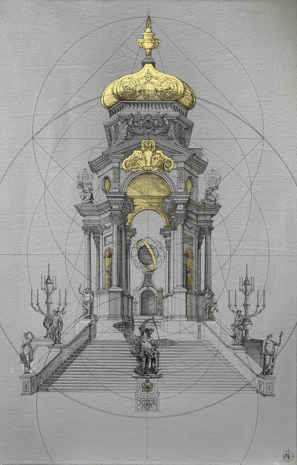 Marco Araldi Still-Life Painting - Temple of Ptolemy - Architectural Drawing: Acrylic and Gilding Ink on Canvas