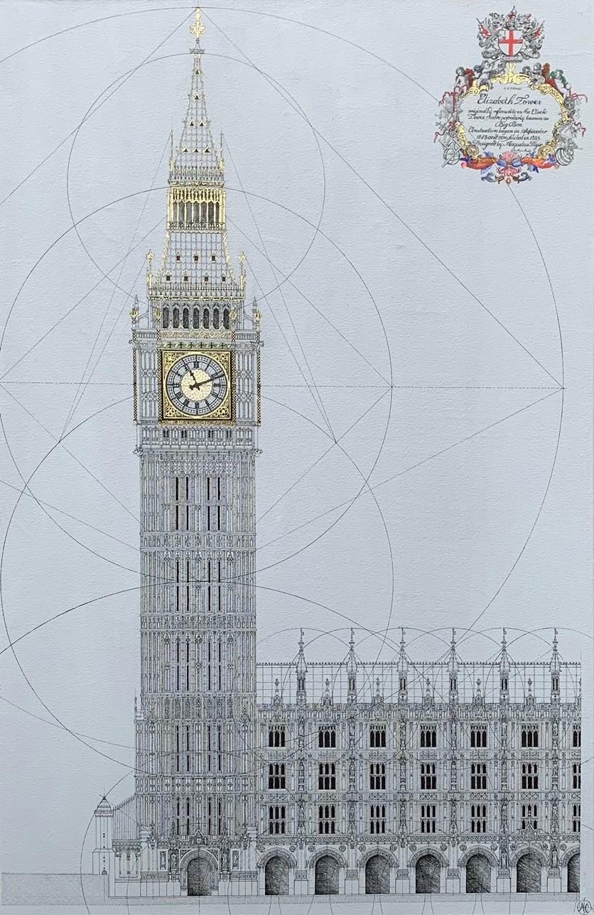 The Big Ben - zeitgenössische detaillierte Architektur London Mixed-Media-Gemälde