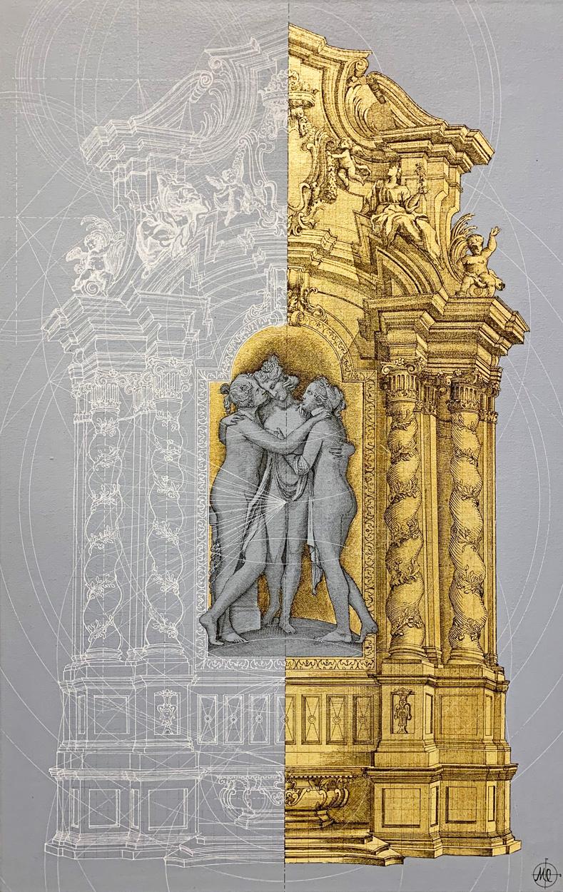 The Three Graces Temple - Classical Mathematical Realism Geometric Drawing Gold  - Painting by Marco Araldi