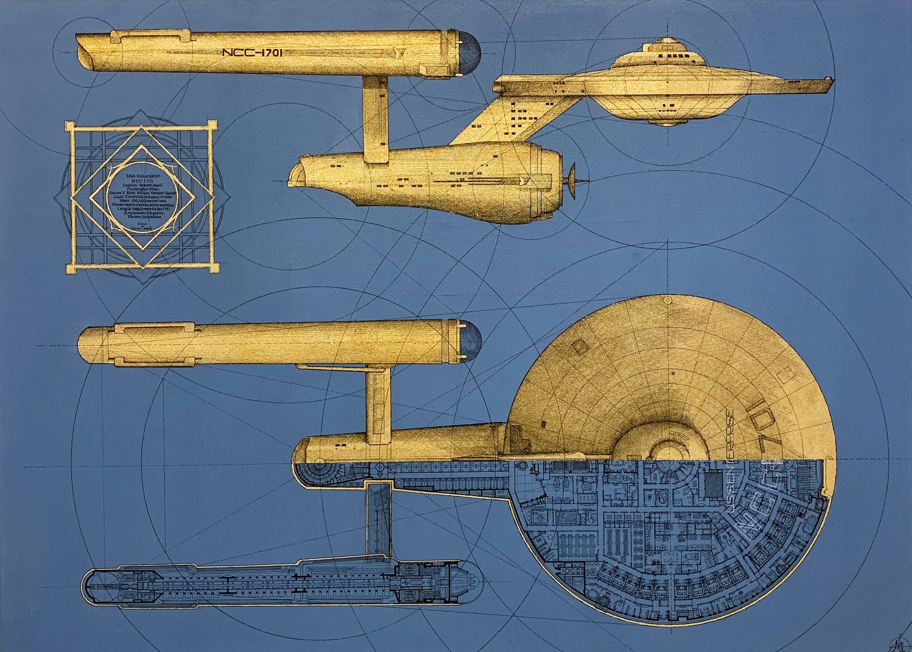 USS Enterprise - Peinture d'art mixte contemporaine de guerres spatiales géométriques  - Painting de Marco Araldi