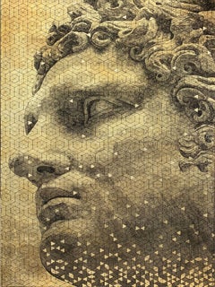 Young Hercules on Hexagons- painting, canvas, ink, gold, classical, figurative 