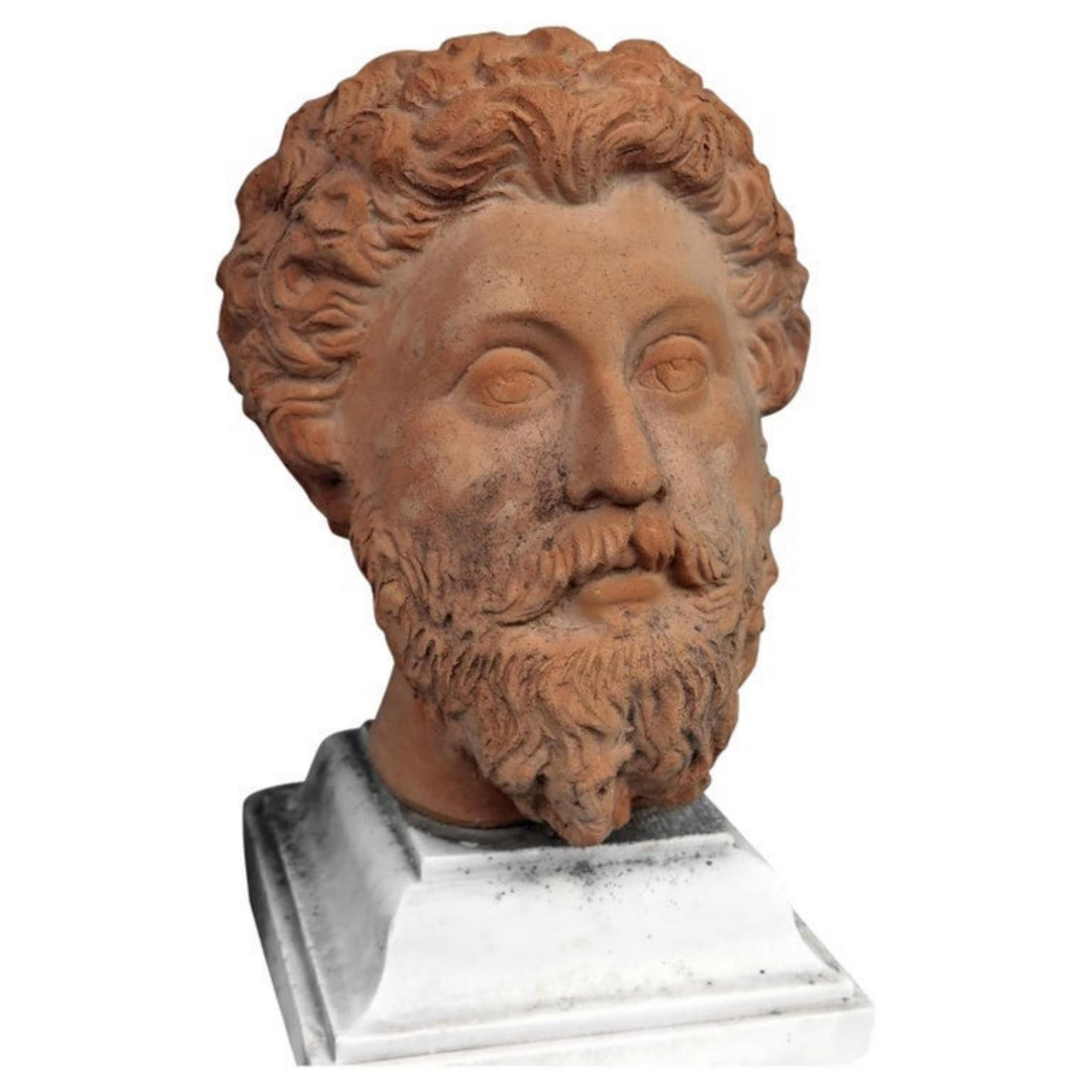 MarCo Aurelio head in patinated terracotta, early 20th century.

Marcus Aurelius terracotta head.
(Rome 121 - Vindobona 180 AD)
Roman emperor (161-180), a follower of the philosophical doctrine of Stoicism.
Patinated terracotta

Measures: Height 33