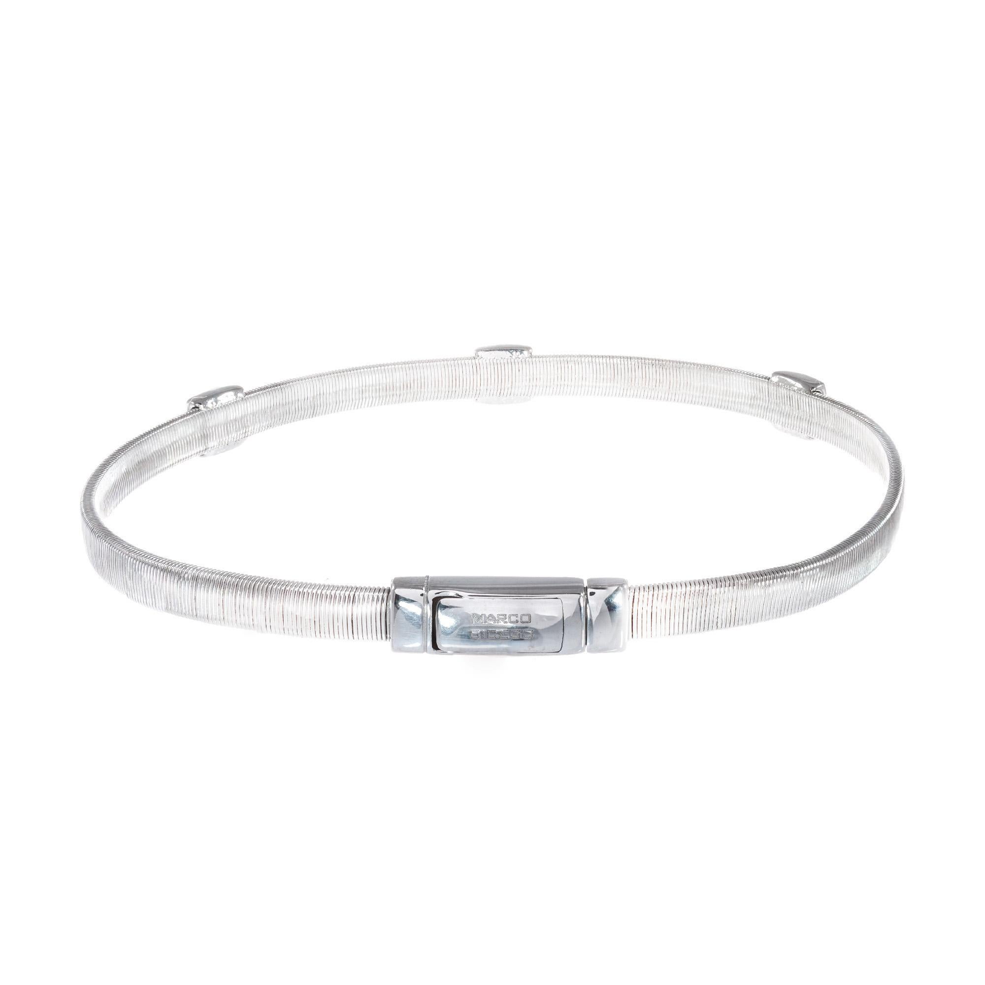 Marco Bicego 18k white gold three station diamond bracelet 

27 round brilliant cut G-H VS diamonds, Approximate .13ct
Total Length:  6 ¾ Inches
18k white gold 
Stamped: 750
Hallmark: Marco Bisego
10.5 grams
Width: 5.2mm
Thickness/Depth: 2.6mm
