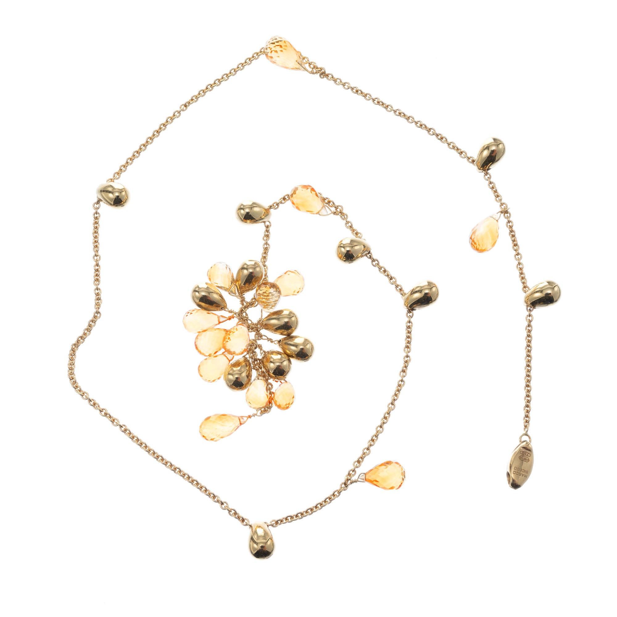 Marco Bicego 18k yellow gold citrine cluster paradise lariat pendant necklace. 13 orange yellow pear shaped briolettes with pear shaped gold dangles on a 16 inch chain. 

13 yellowish orange briolette citrine, approx. 15.00cts
18k yellow gold