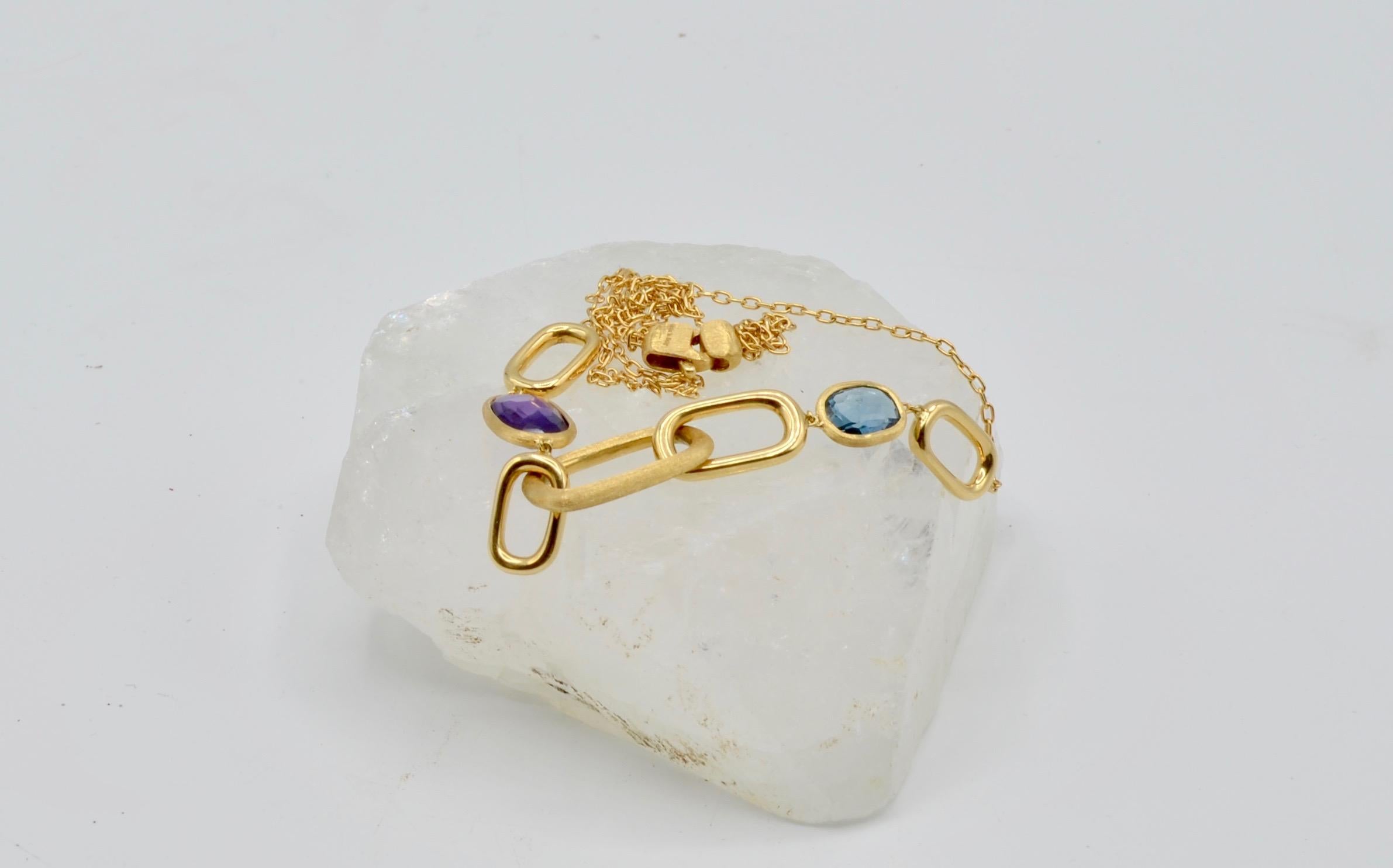 Mixed Cut Marco Bicego 18 Karat Gold Necklace Murano Link Amethyst and Blue Topaz