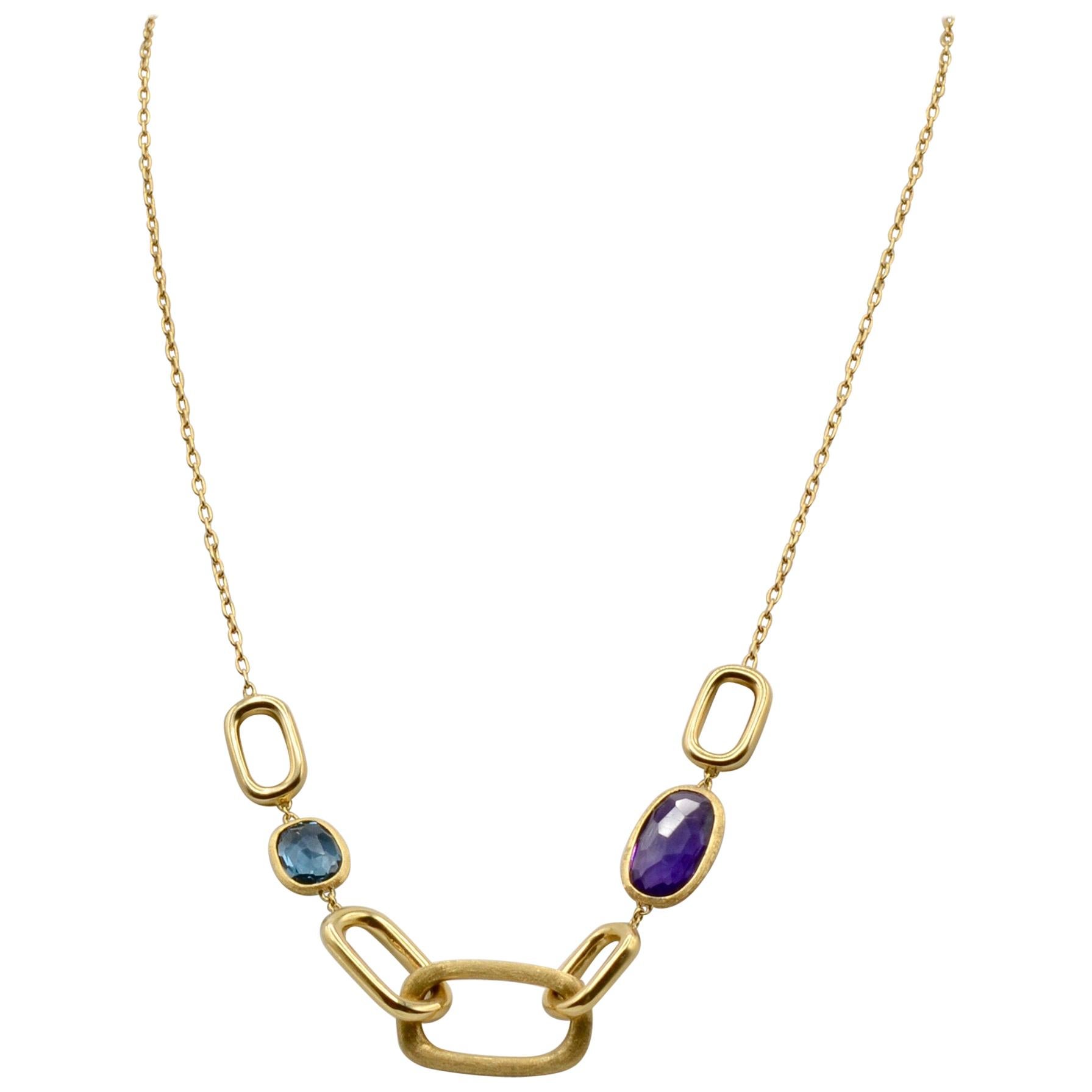 Marco Bicego 18 Karat Gold Necklace Murano Link Amethyst and Blue Topaz