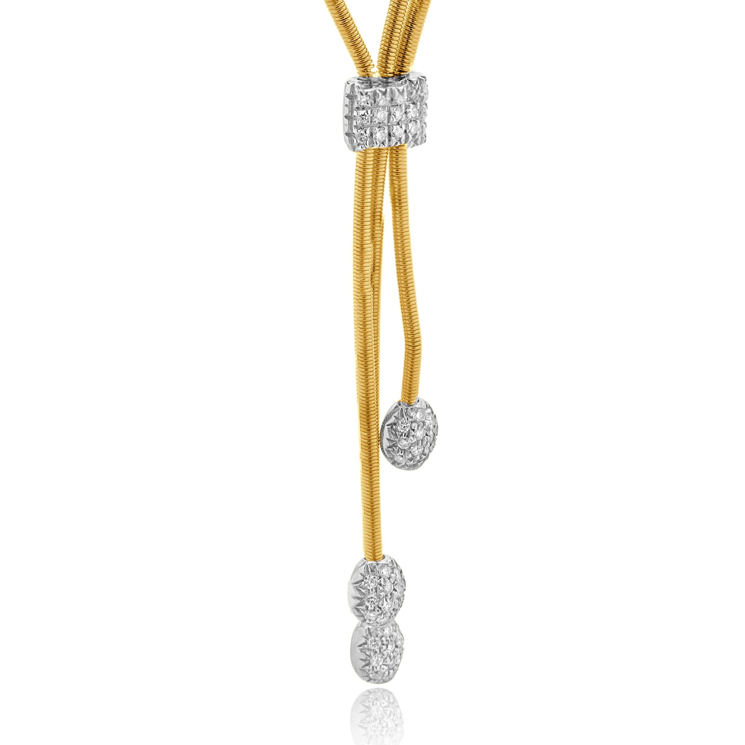 Designer: Marco Bicego
Material: 18K yellow & white gold
Diamond: round brilliant cut = 0.25cttw
Color: H
Clarity: VS2
Weight: 17.01 grams
Dimensions: necklace measures 16.25-inches
