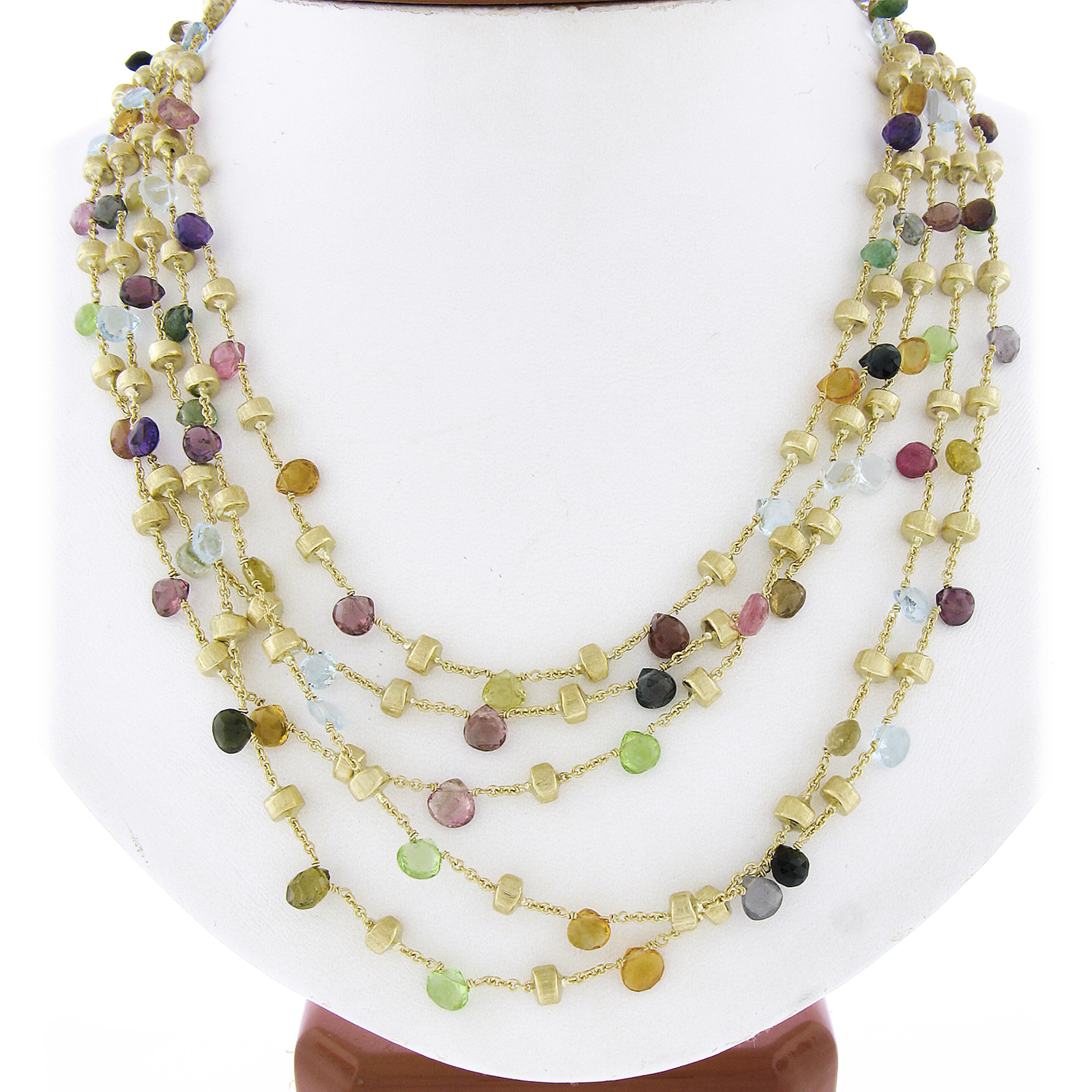 Material: Solid 18k Yellow Gold 
Weight: 50.64 Grams
Stone(s): Numerous Natural Genuine Multi Stones -  Briolette Cut - Strung - Green, Purple, Pink, Blue, Yellow, Black & Gray Color 
Chain Type: Station, 5 Bead Strand
Length: 16 Inches Wearable