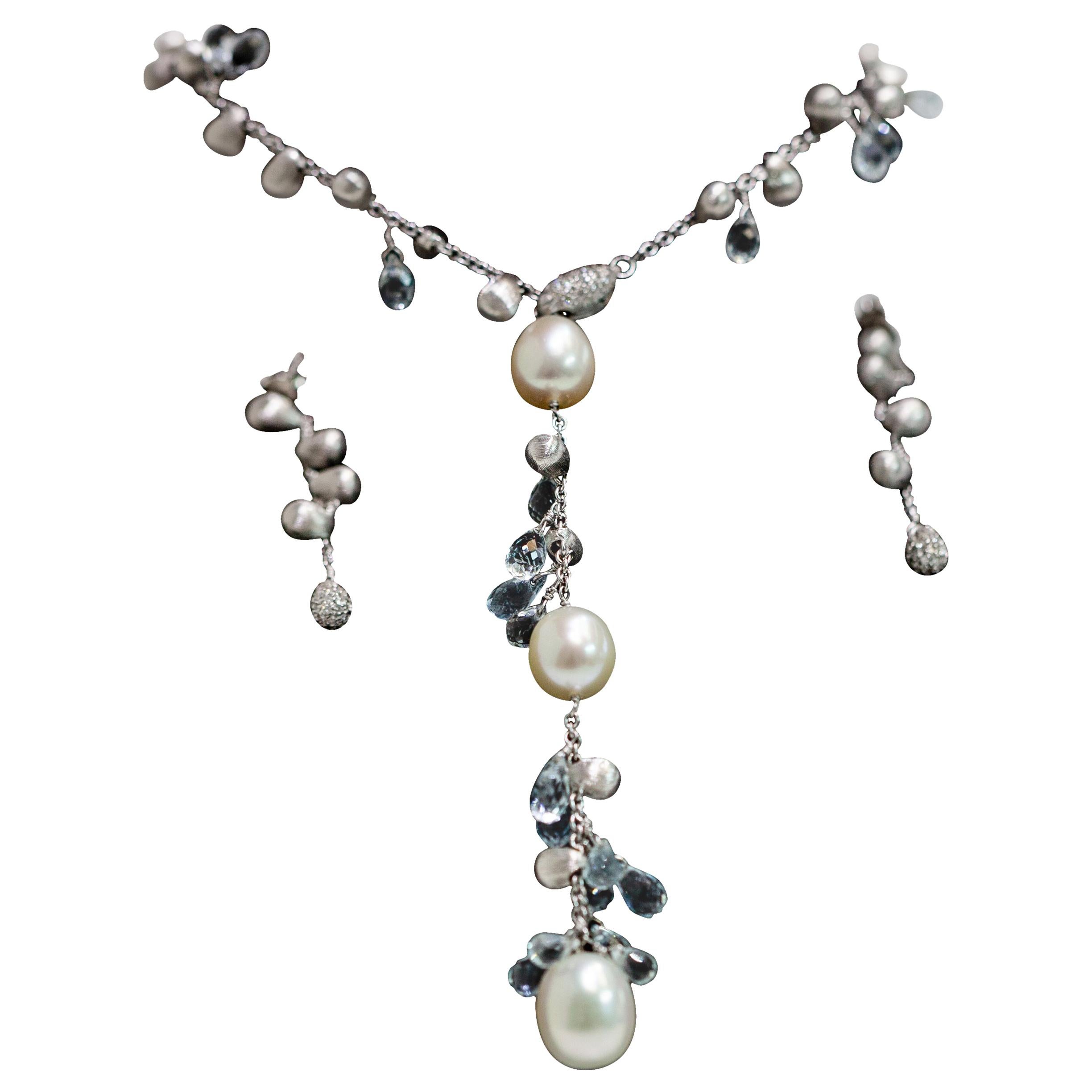Marco Bicego 18k White Gold Lariat Necklace & Earrings With Blue Topaz & Pearl For Sale