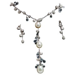Marco Bicego 18k White Gold Lariat Necklace & Earrings With Blue Topaz & Pearl