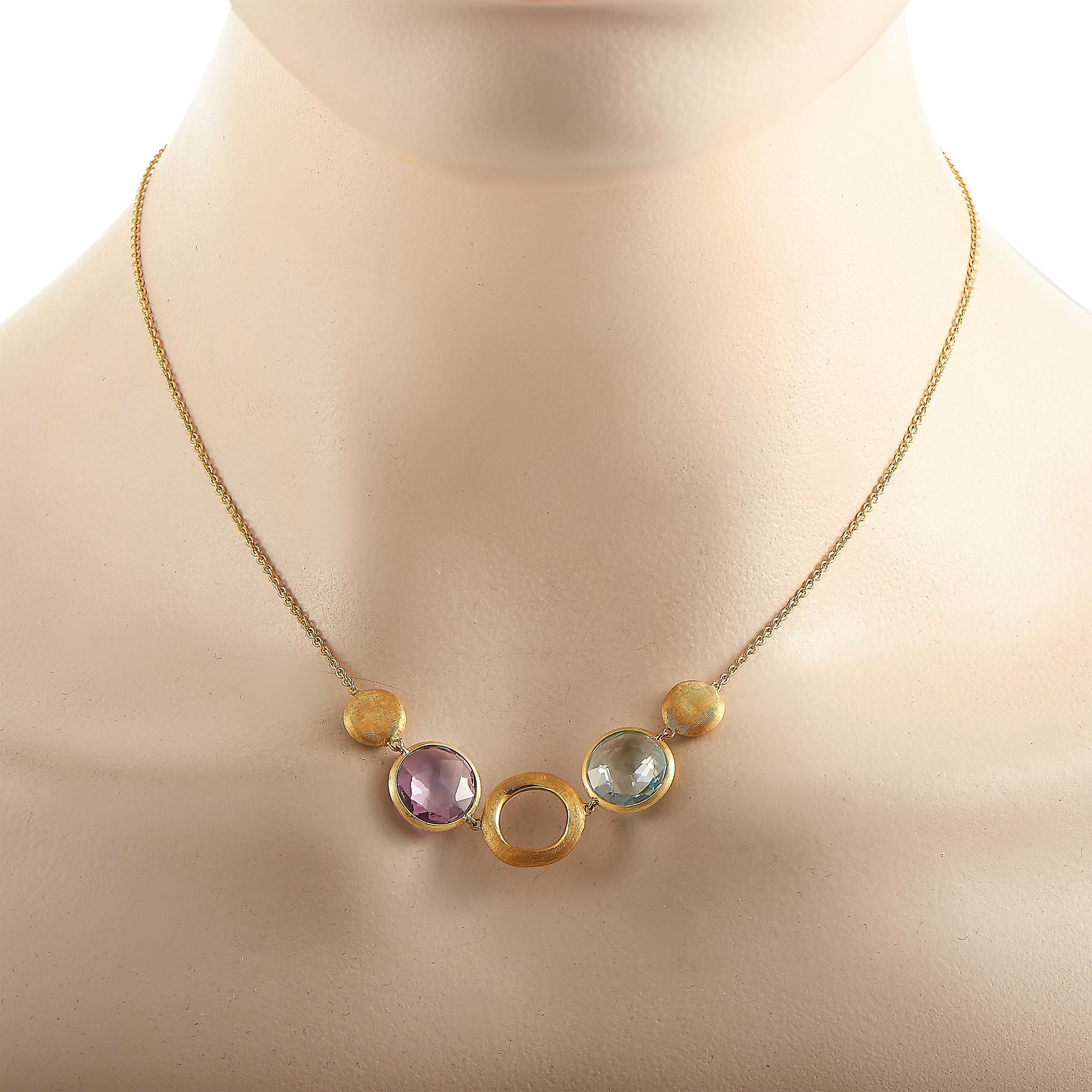 This Marco Bicego necklace is made of 18K yellow gold and embellished with multicolor stones. The necklace weighs 9 grams and measures 16” in length.
 
 Offered in estate condition, this jewelry piece includes a gift box.
