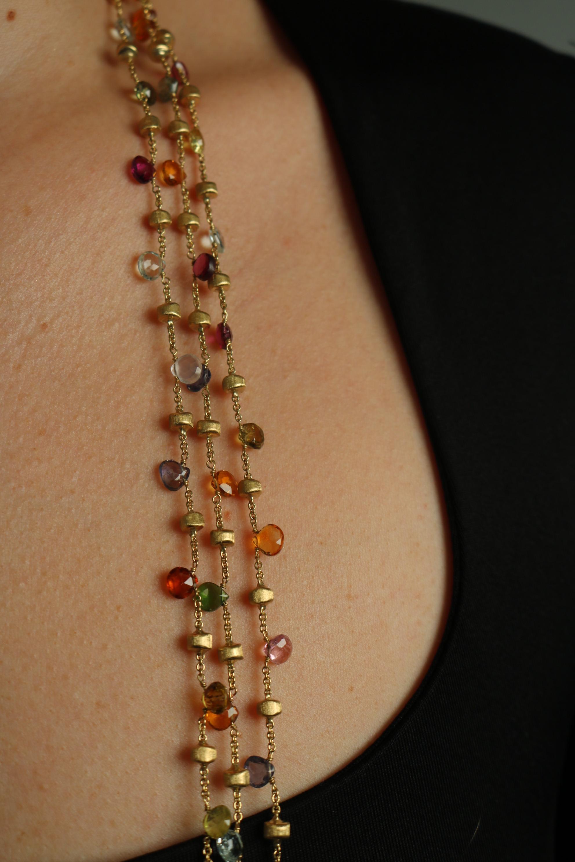 Marco Bicego 3 Strand Multi Gem Necklace 18K Gold Briolette Cut Paradise Design For Sale 11