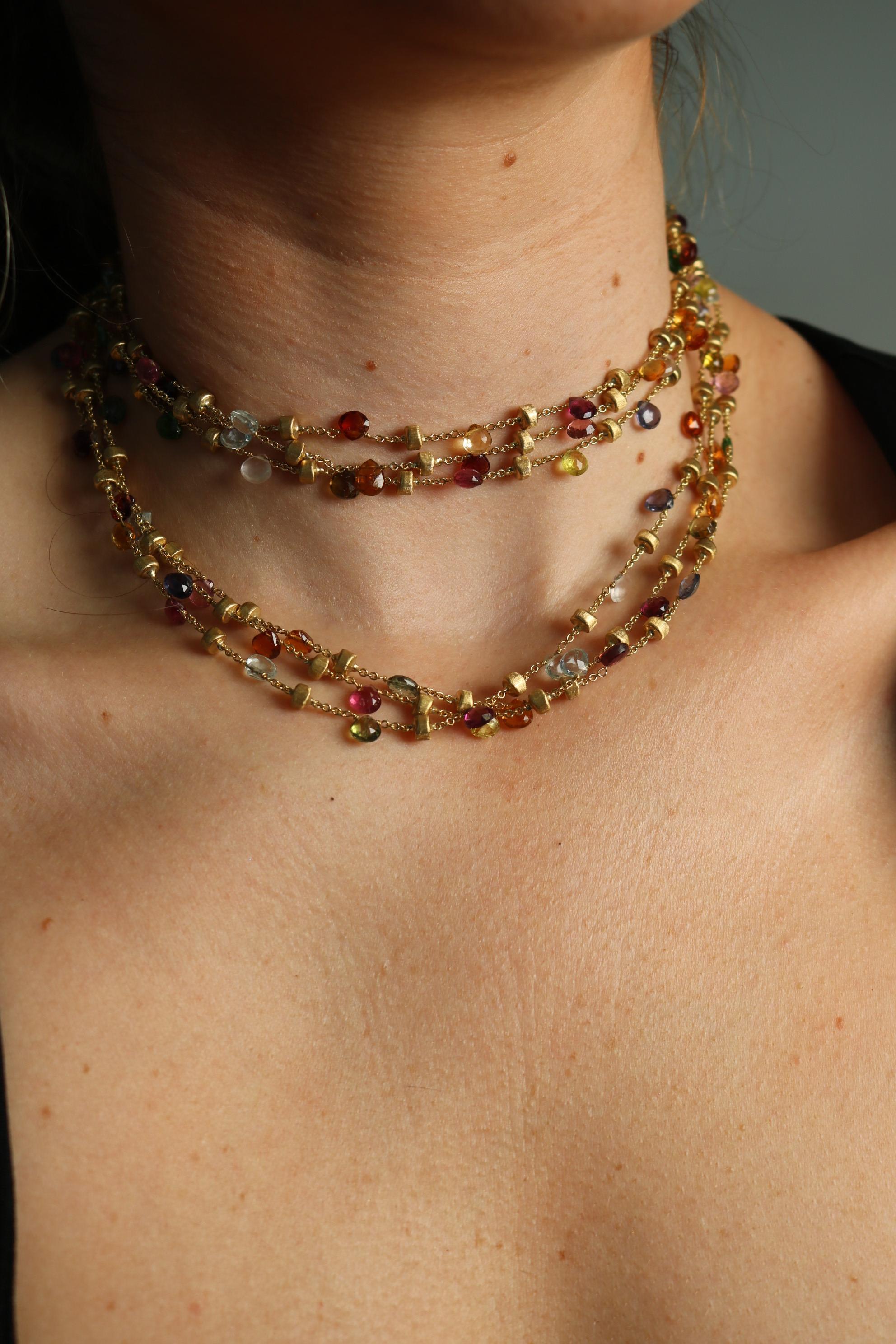 Marco Bicego 3 Strand Multi Gem Necklace 18K Gold Briolette Cut Paradise Design For Sale 13