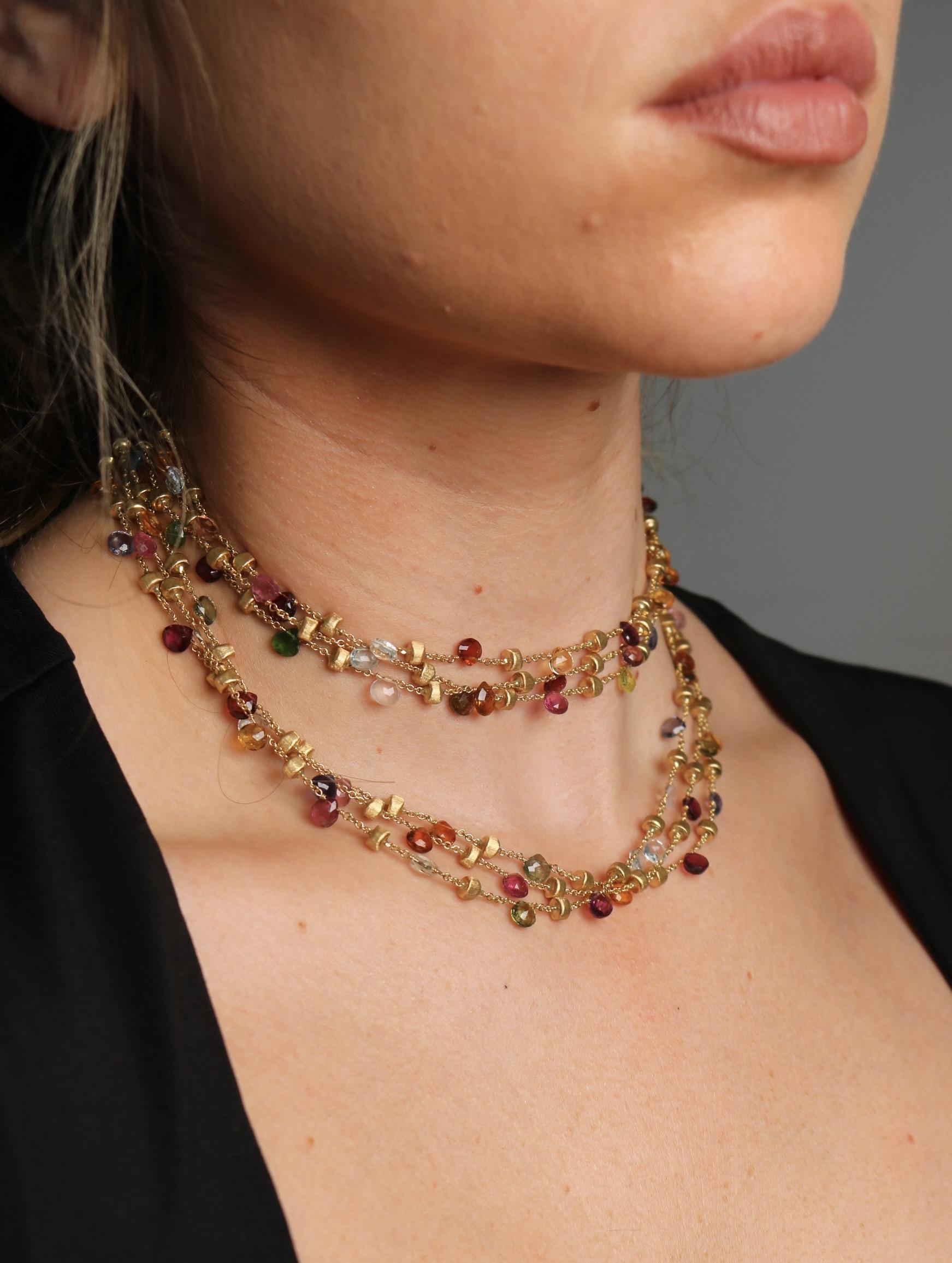 Contemporary Marco Bicego 3 Strand Multi Gem Necklace 18K Gold Briolette Cut Paradise Design For Sale