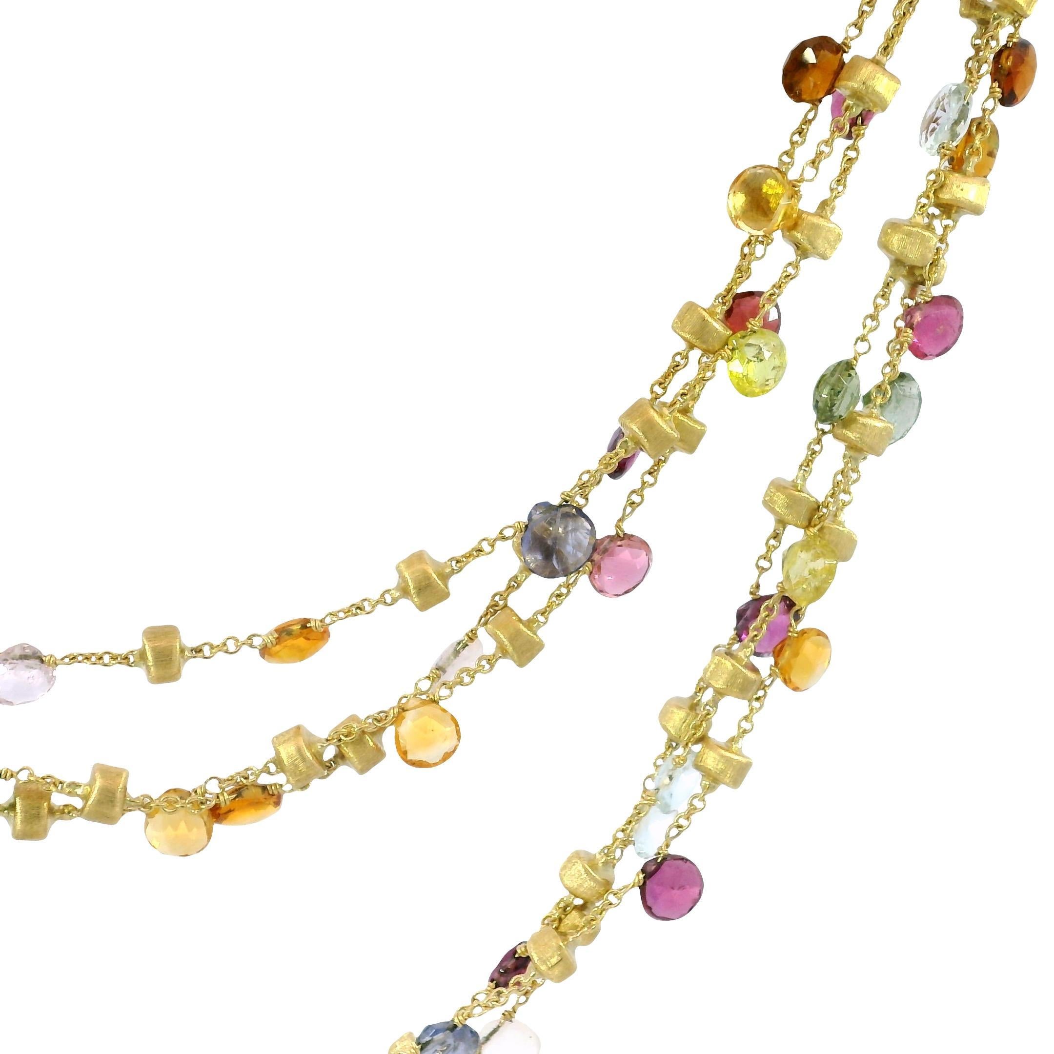 Women's Marco Bicego 3 Strand Multi Gem Necklace 18K Gold Briolette Cut Paradise Design For Sale