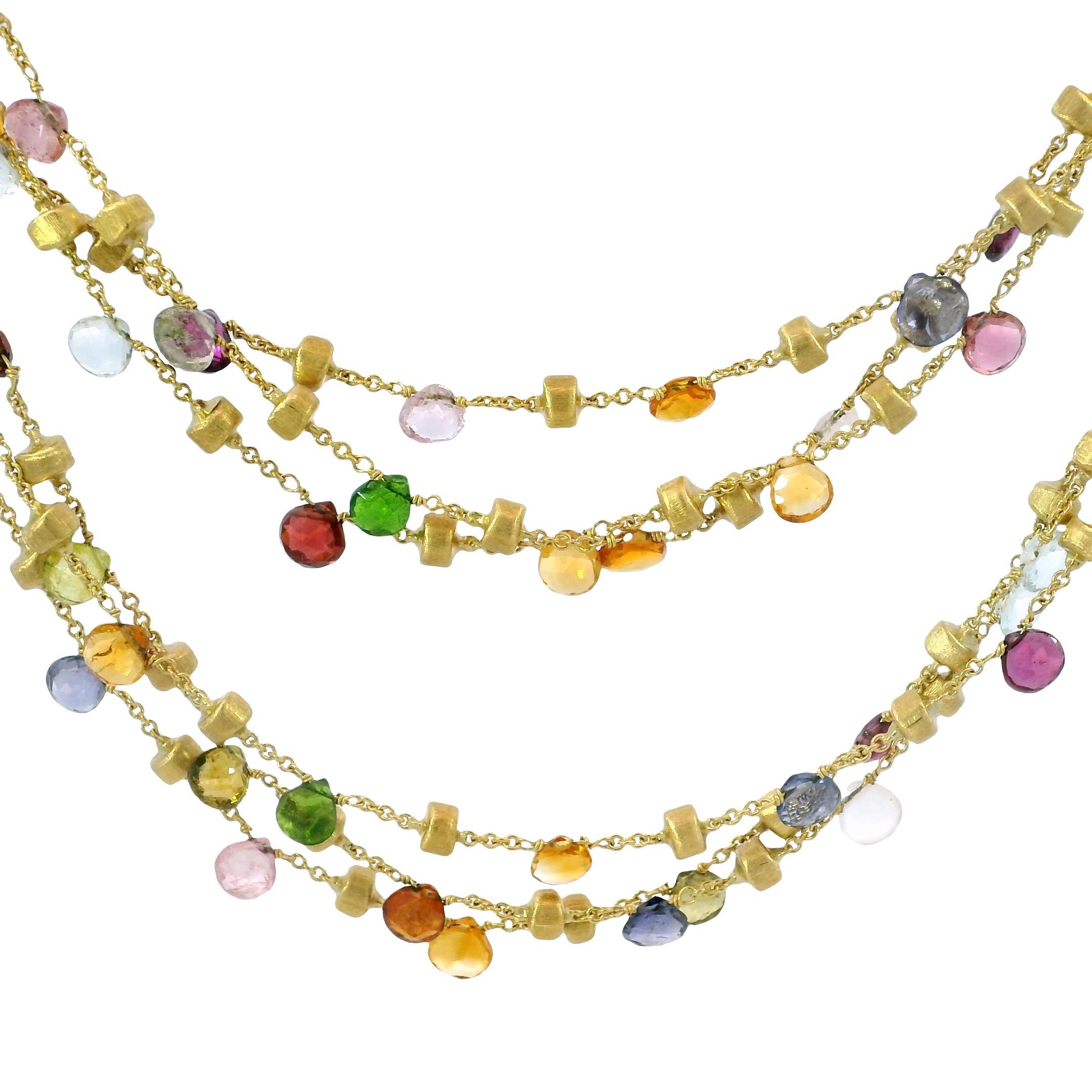 Marco Bicego 3 Strand Multi Gem Necklace 18K Gold Briolette Cut Paradise Design For Sale 1