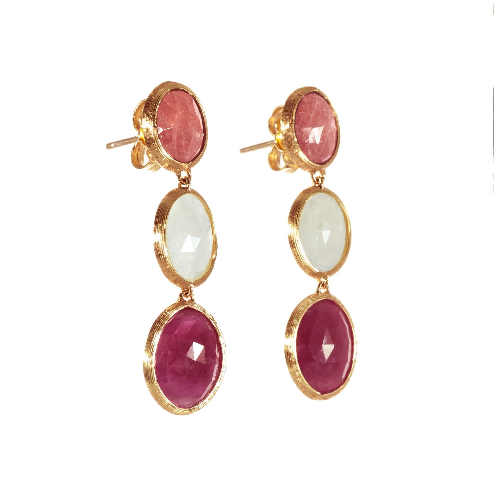 Marco Bicego Siviglia Collection 18k Yellow Gold mixed sapphire gemstone drop dangle earrings.  Three graduating multi colored bezel set sapphires with signature hand engraved finish make up each earring which drops approximately 1 3/8 Inches. 

2