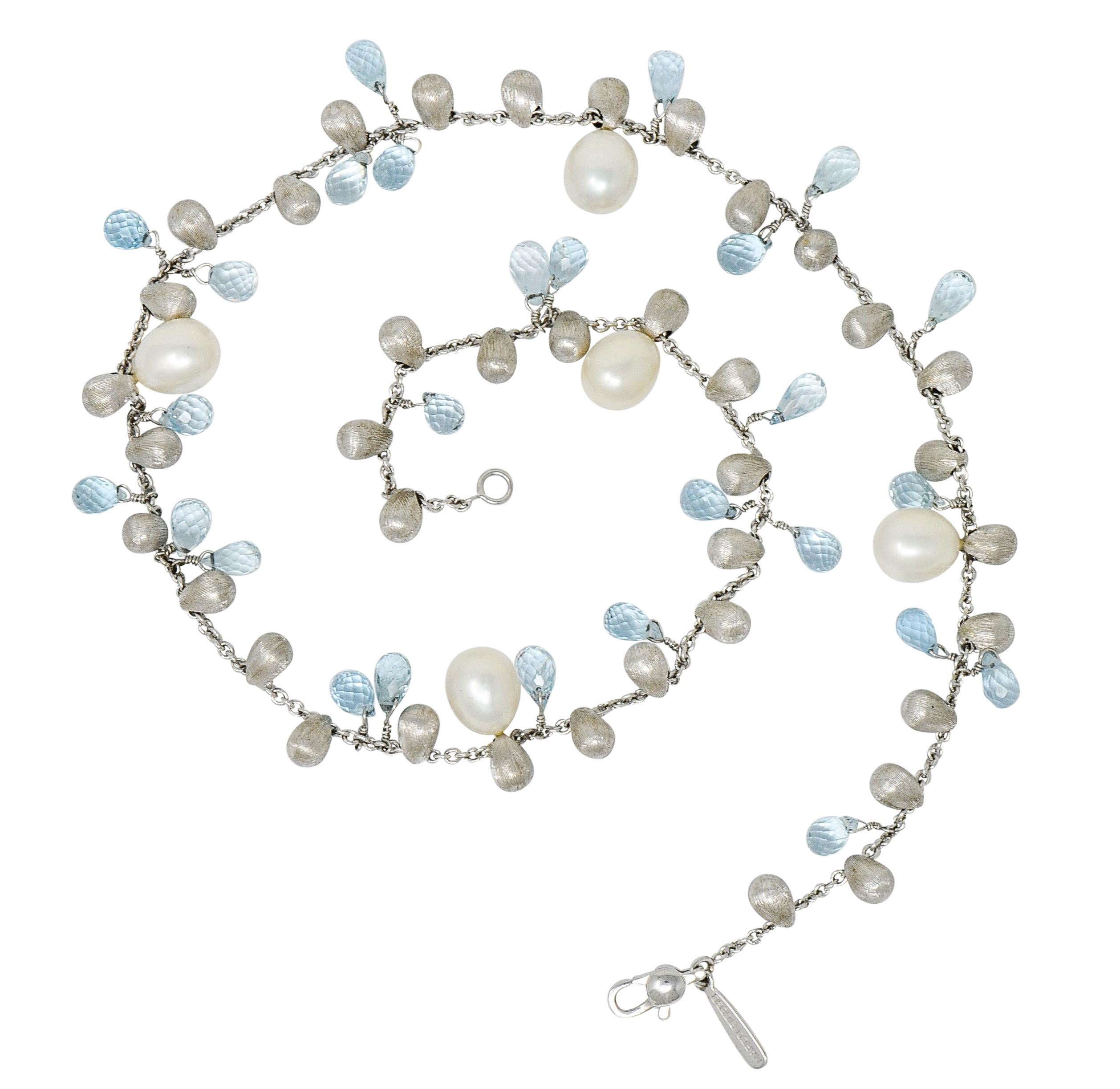 White gold cable chain necklace features pear shaped heavily brushed white gold drops alternating with briolette cut aquamarine

With five semi-baroque cultured pearl stations throughout measuring approximately 8.0 x 9.5 mm; white in body color with