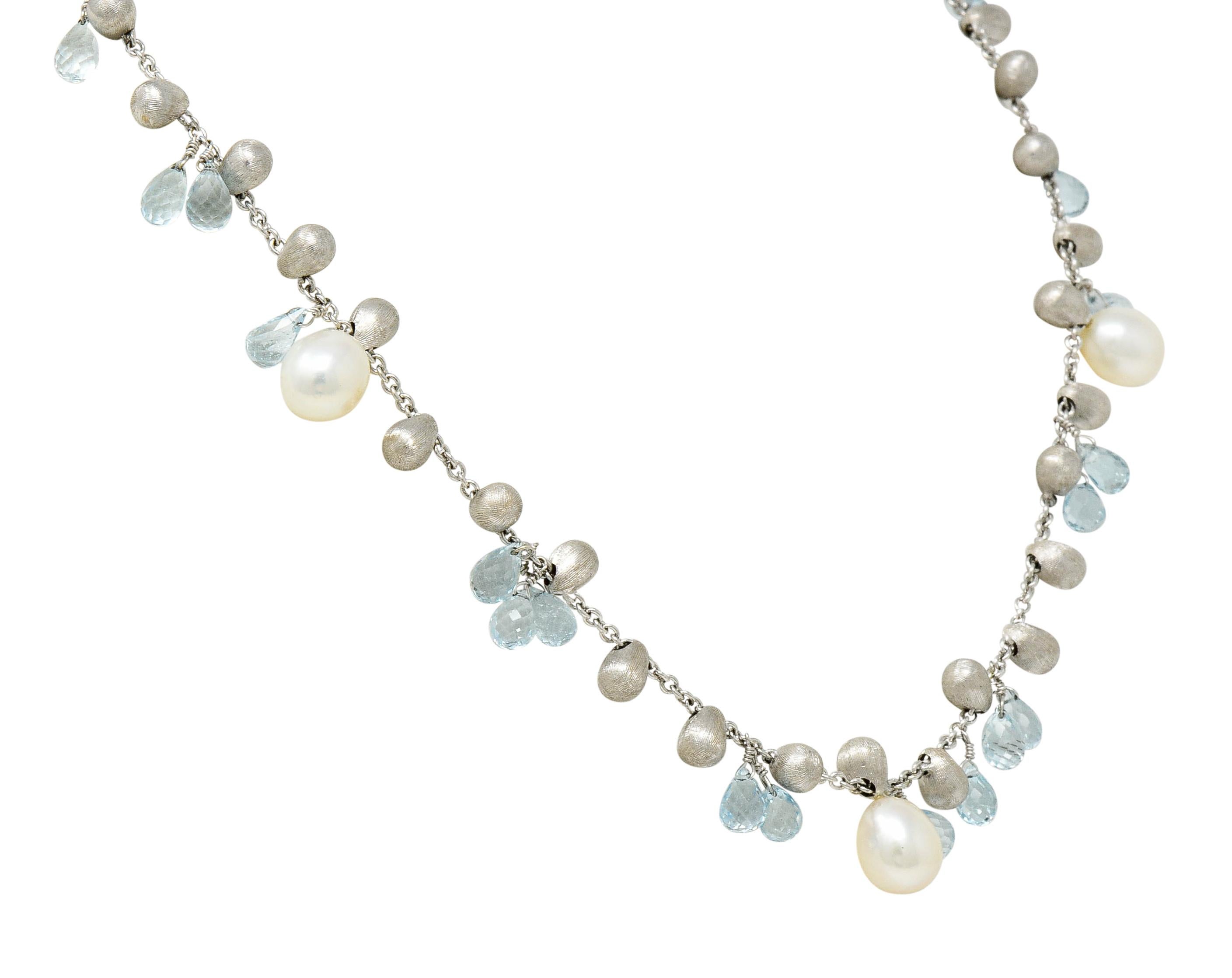 Briolette Cut Marco Bicego Aquamarine Cultured Pearl 18 Karat White Gold Droplet Necklace