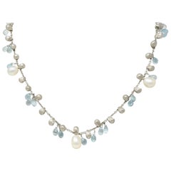 Marco Bicego Aquamarine Cultured Pearl 18 Karat White Gold Droplet Necklace