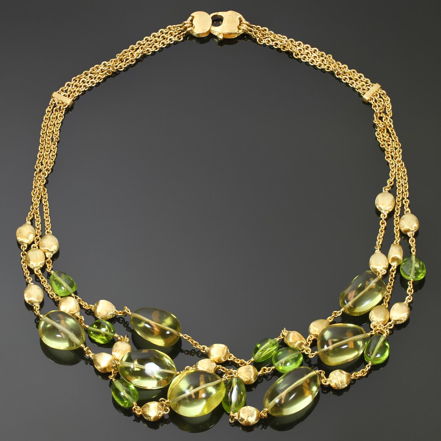 This fabulous multistand Marco Bicego necklace from the vibrant Confetti collection is crafted in 18k yellow gold and set with cabochon citrine and peridot stones. Made in Italy circa 2010s. Measurements: 16
