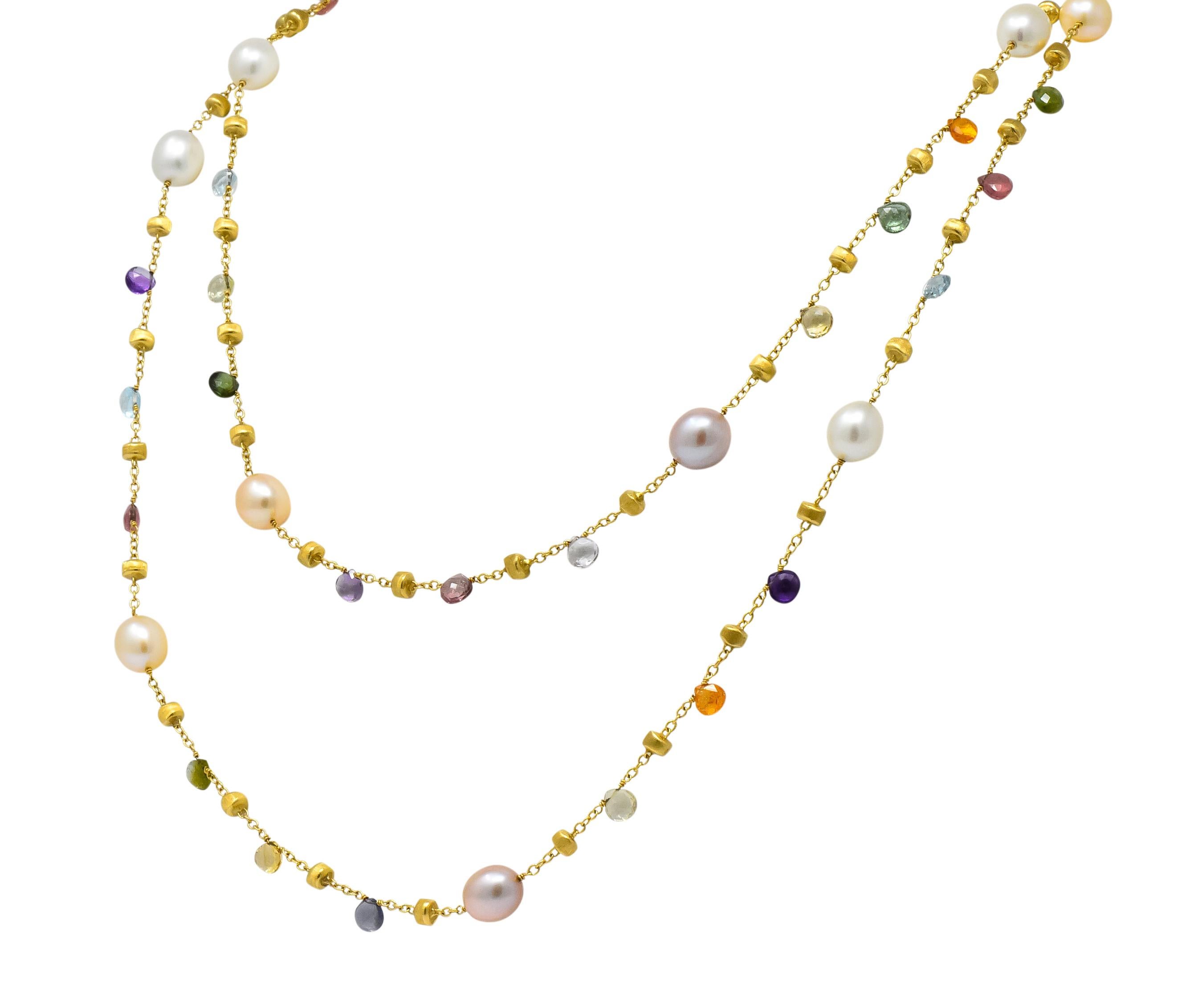 With twelve off-round cultured pearl stations measuring approximately 9.7 x 8.8 mm, in white, cream, light pink and peach hues, with very good to excellent luster and surface quality

Numerous briolette gemstone beads, including amethyst, citrine,