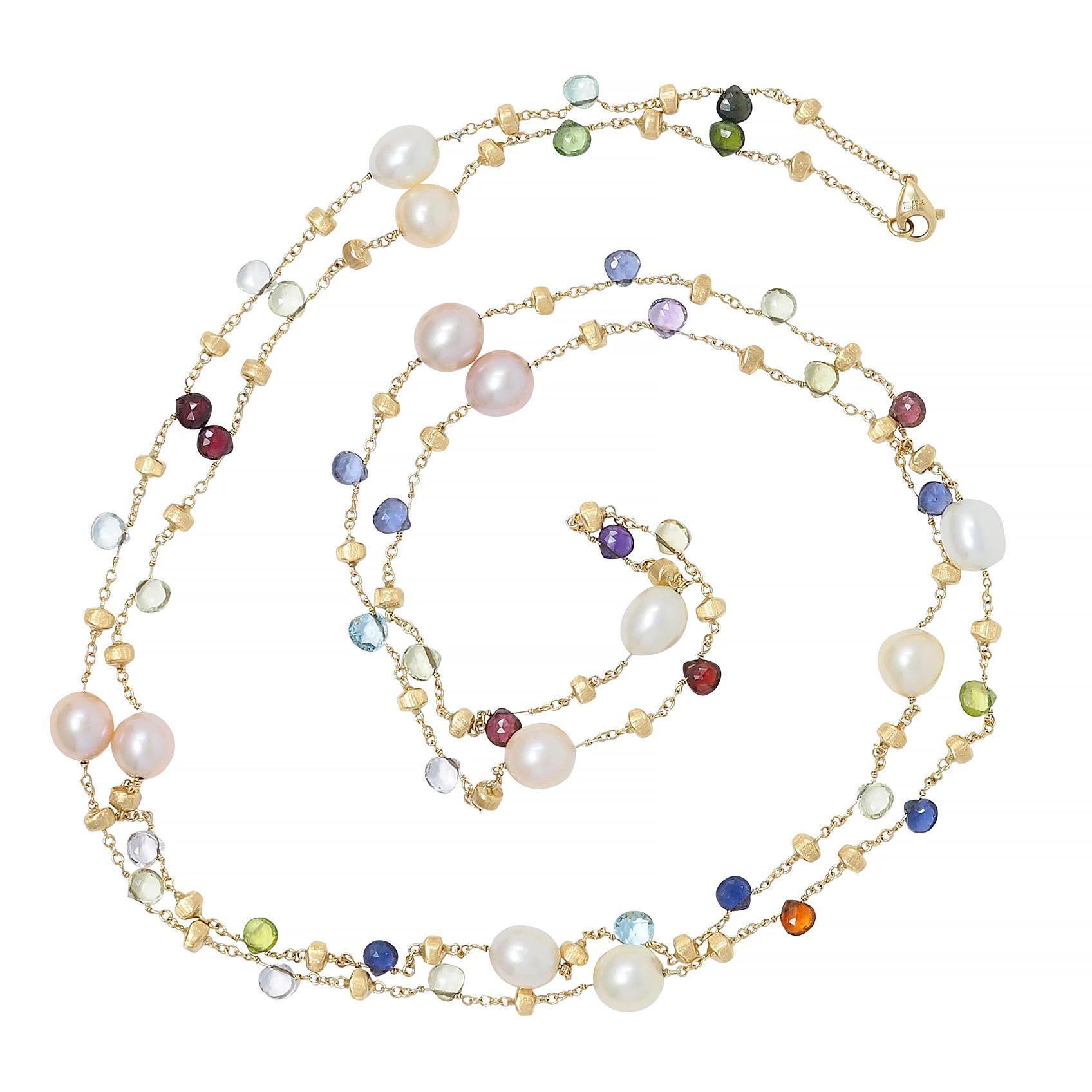 Briolette Cut Marco Bicego Cultured Pearl Multi-Gem 18 Karat Yellow Gold Confetti Necklace