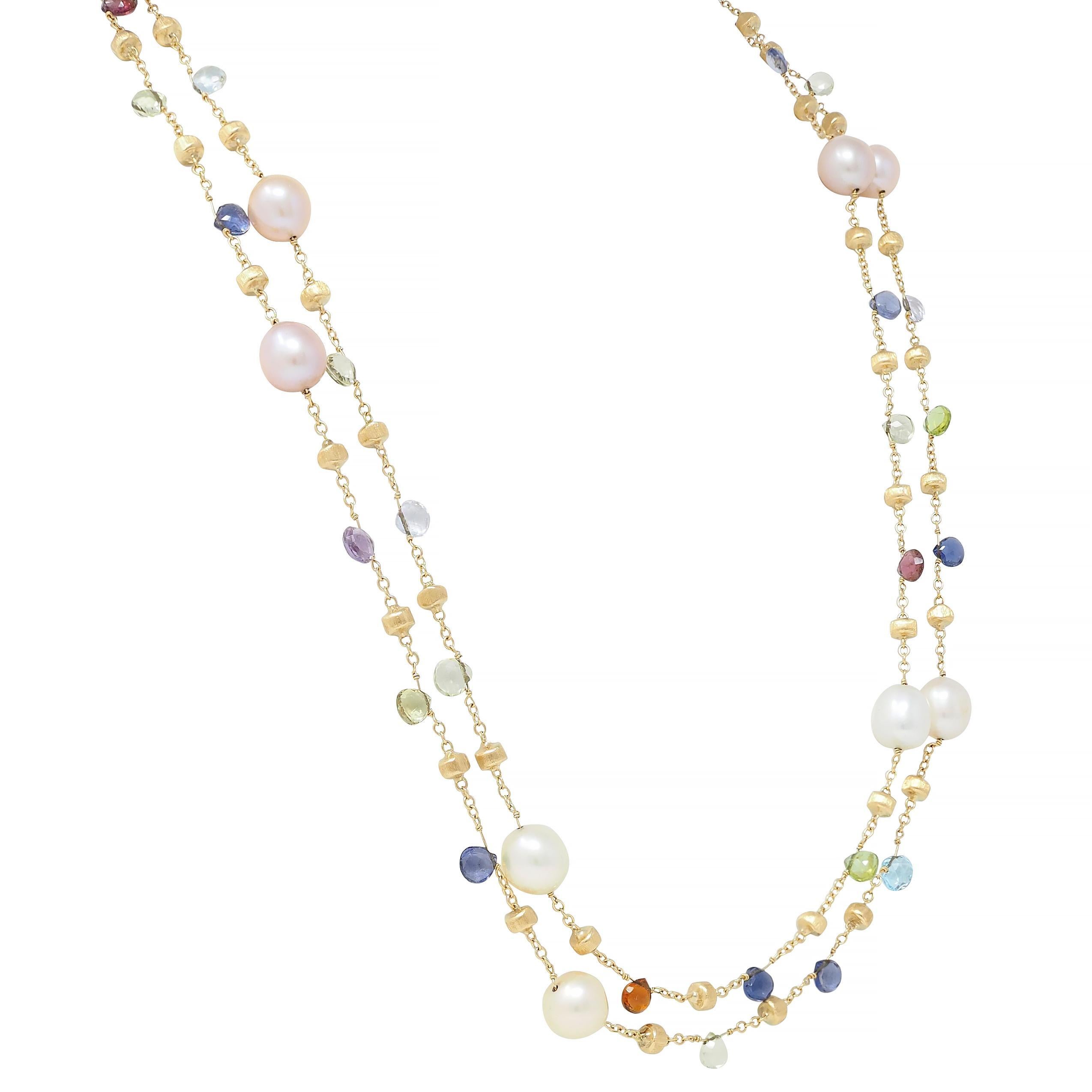 Marco Bicego Cultured Pearl Multi-Gem 18 Karat Yellow Gold Confetti Necklace In Excellent Condition In Philadelphia, PA