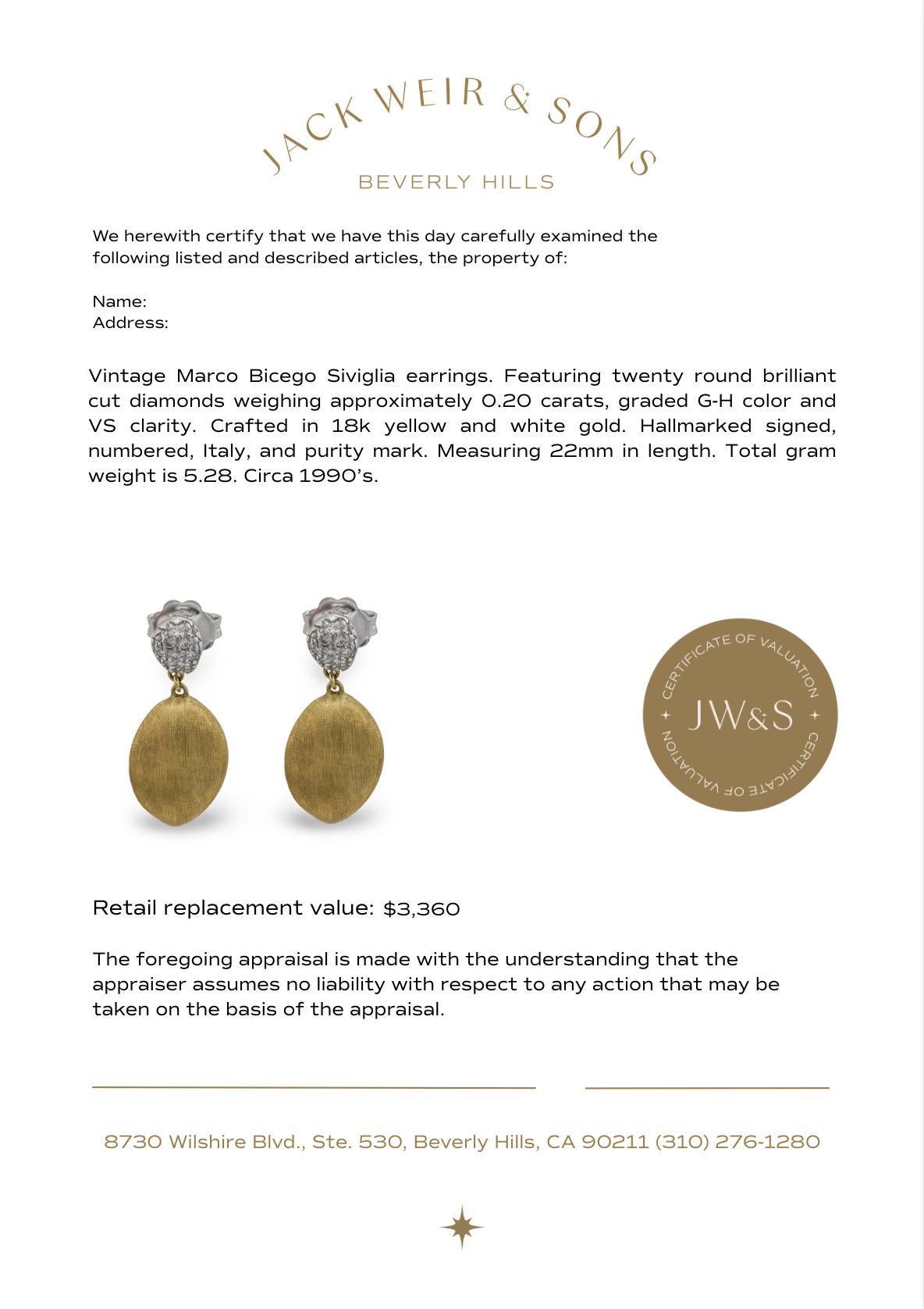 Marco Bicego diamond 18k yellow and white gold Siviglia earrings For Sale 1