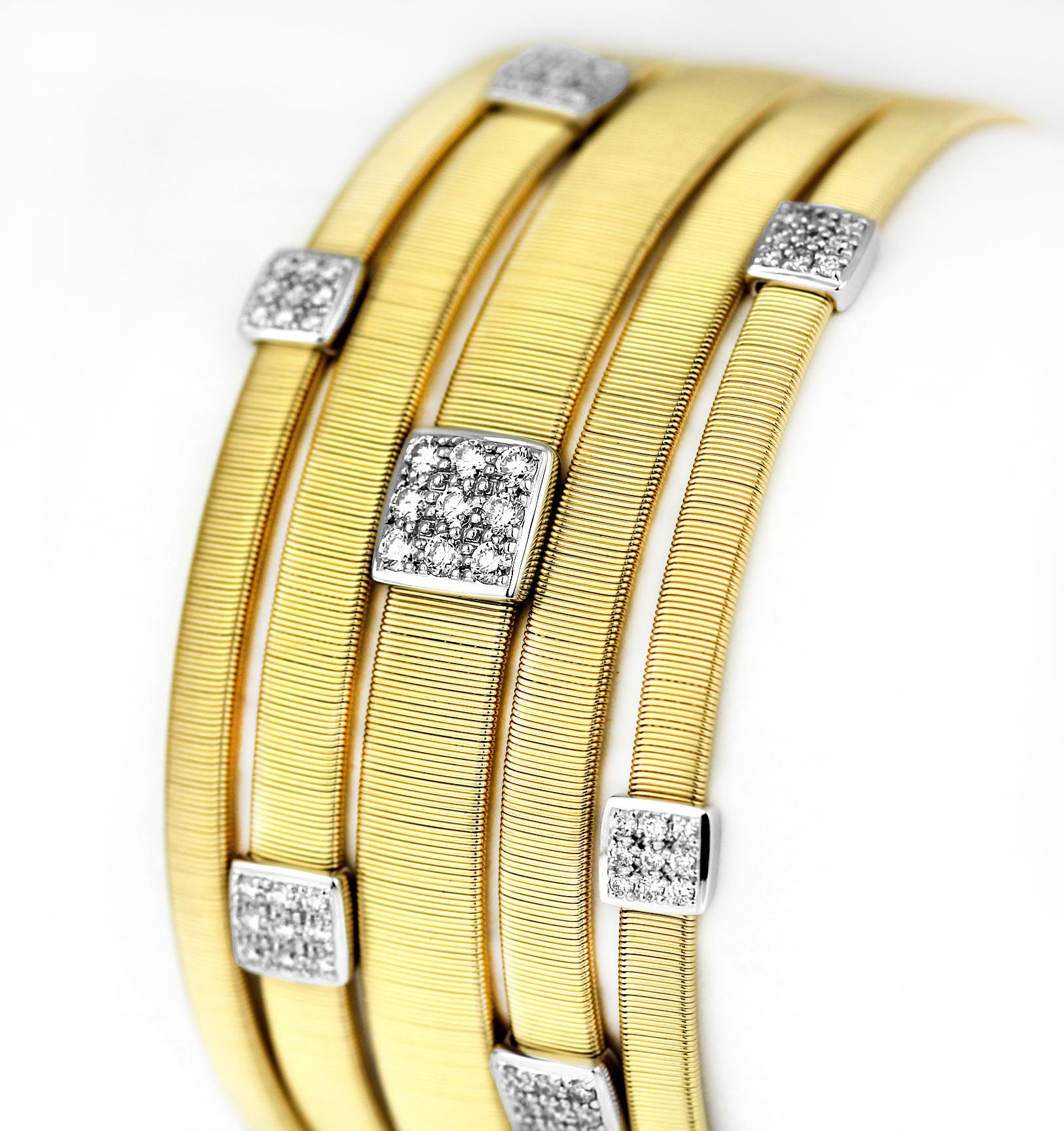 Round Cut Marco Bicego Five-Strand Maisai Bracelet with Diamonds in Yellow and White Gold