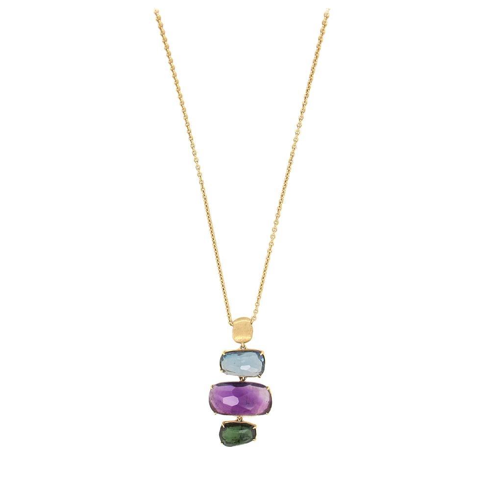 From Marco Bicego, 18K yellow gold adjustable necklace with rose-cut blue topaz, amethyst and green tourmaline gemstones. The pendant measures 5/8