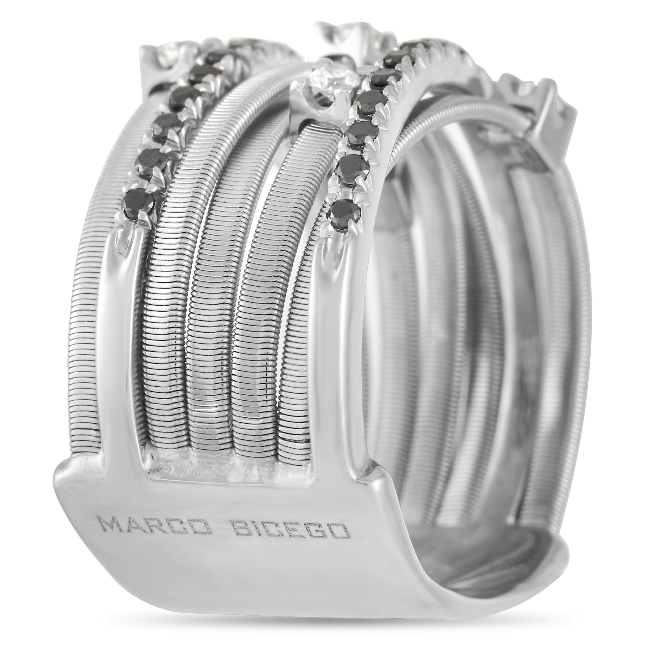 This ring from Marco Bicego has a contemporary sense of style that you’ve never seen before. Crafted from 18K White Gold, corded strands put 0.25 carats of white diamonds and 0.25 carats of black diamonds boldly on display. This stylish design
