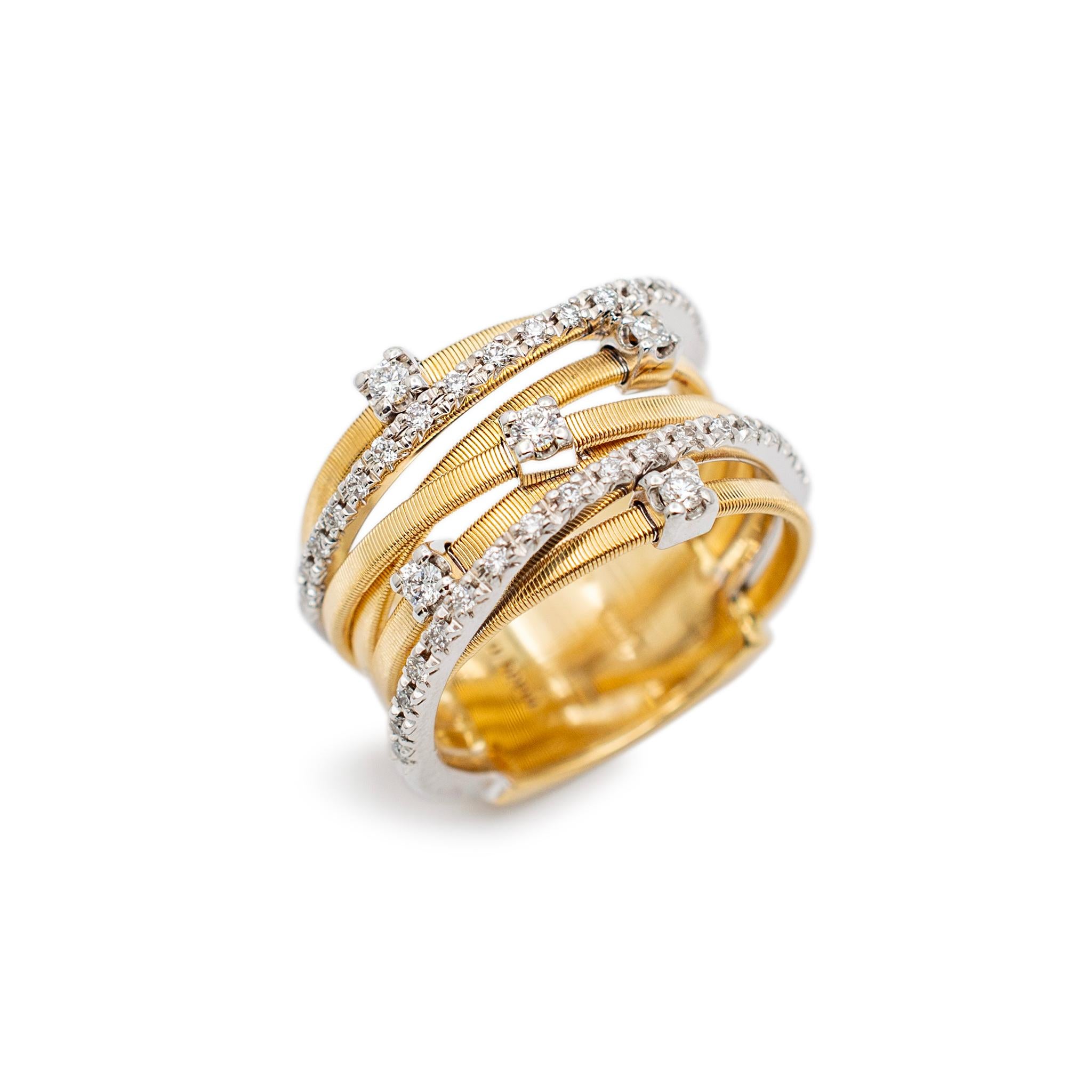 Marke: Marco Bicego

Geschlecht: Damen

Metall Typ: 18K Weiß & Gelbgold

Größe: 6,5

Maximale Breite des Schafts: 13,15 mm

Gewicht: 11,10 Gramm
Damen-Cocktailring mit Diamanten aus 18 Karat Weiß- und Gelbgold mit passgenauem Schaft. Graviert mit