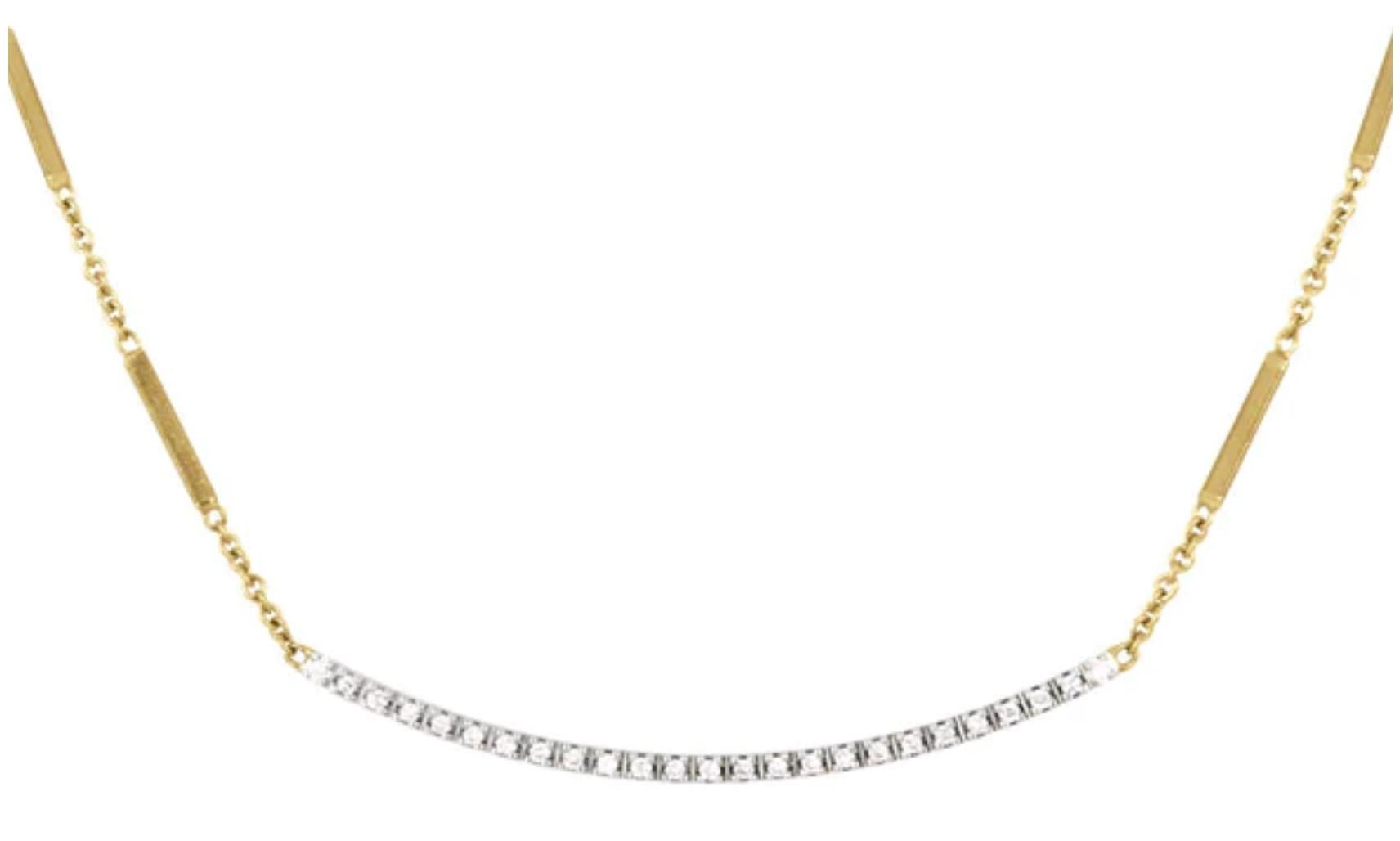 Brand new 18K gold necklace with diamond bar.  Tags are still on necklace!  Retails for $2870.00!  16 Inches long.  CT 0.19.  Diamonds are set in a white gold 18K bar. Its style is clean and minimalist  inspired by the idyllic and white beaches of