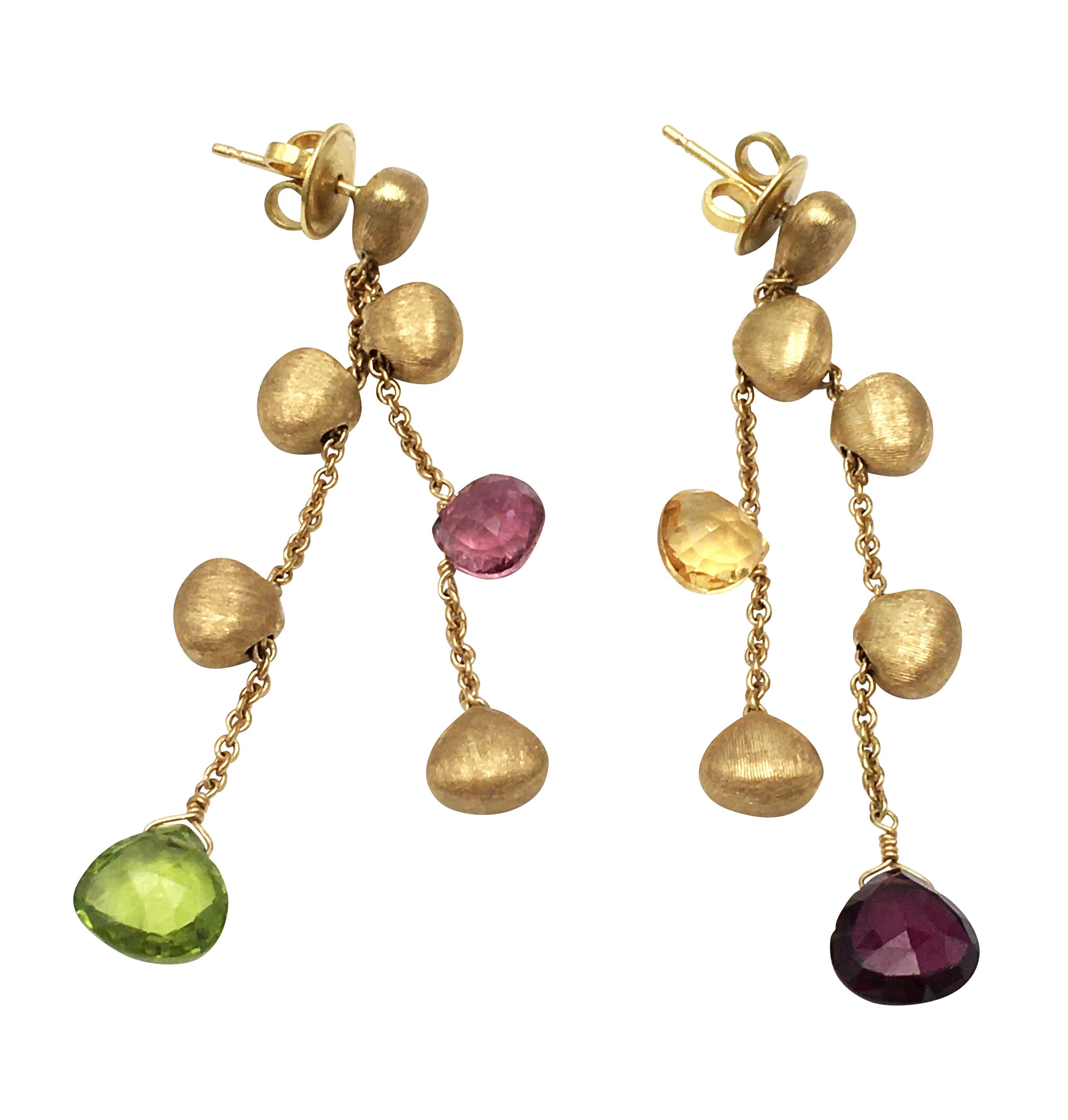 Authentic Marco Bicego Earrings made in 18 karat yellow gold with multi-colored gemstones (citrine, garnet, pink tourmaline, and peridot).  This delicate 2 strand design measures 2 inches in length.  CIRCA 21st Century