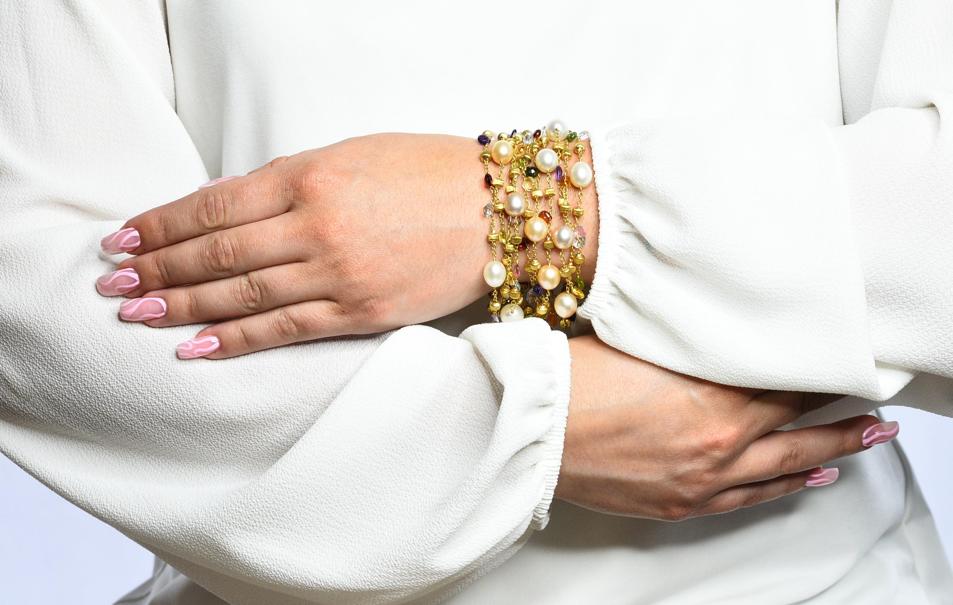Women's or Men's Marco Bicego Italian Multi-Gem Peridot Pearl 18 Karat Gold Paradise Bracelet