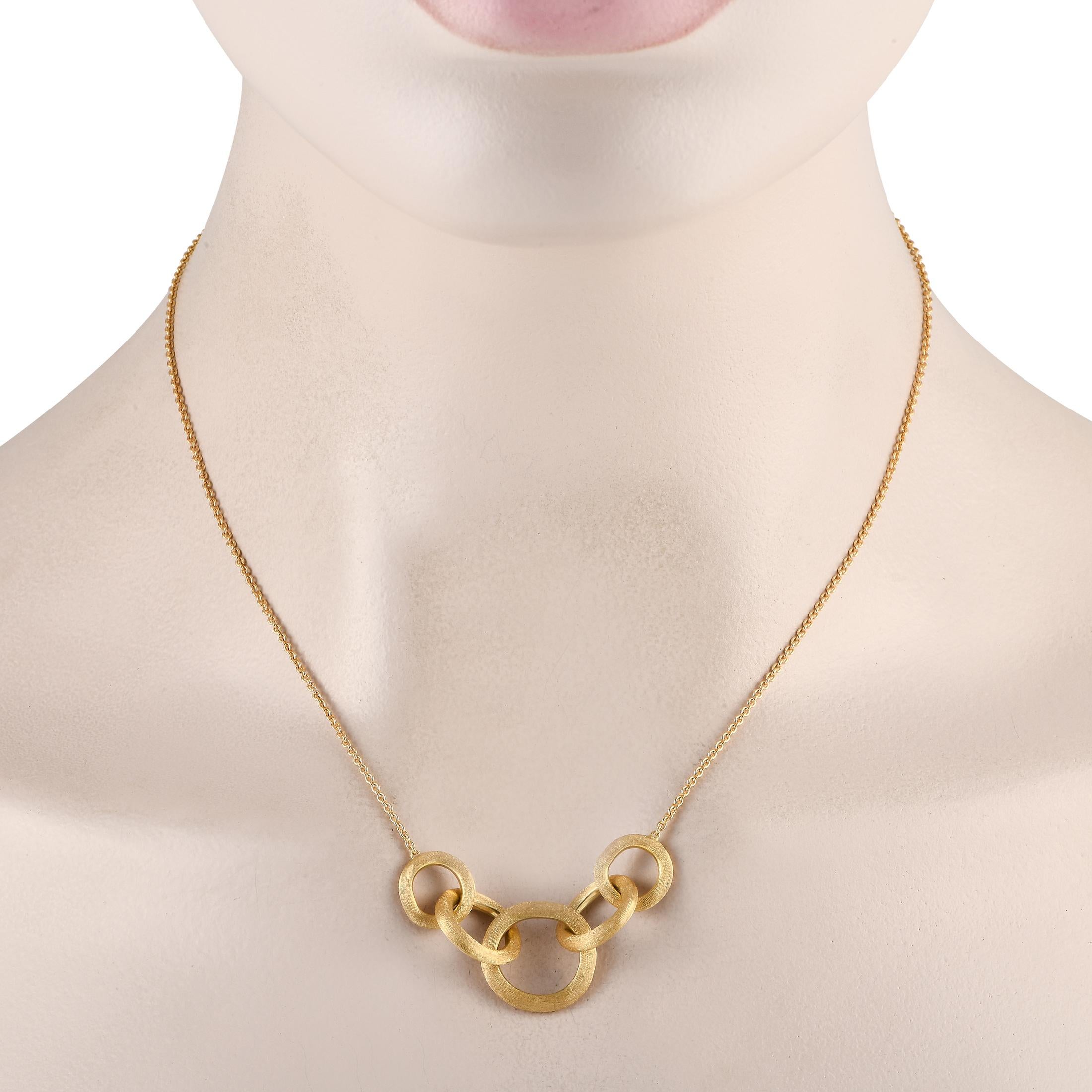 Interlocking circles make a statement at the center of a 16 chain on this impressive Marco Bicego Jaipur necklace. Simple, understated, and elegant in design, the 18K Yellow Gold has been engraved by hand to create a silk-like brushed finish.This